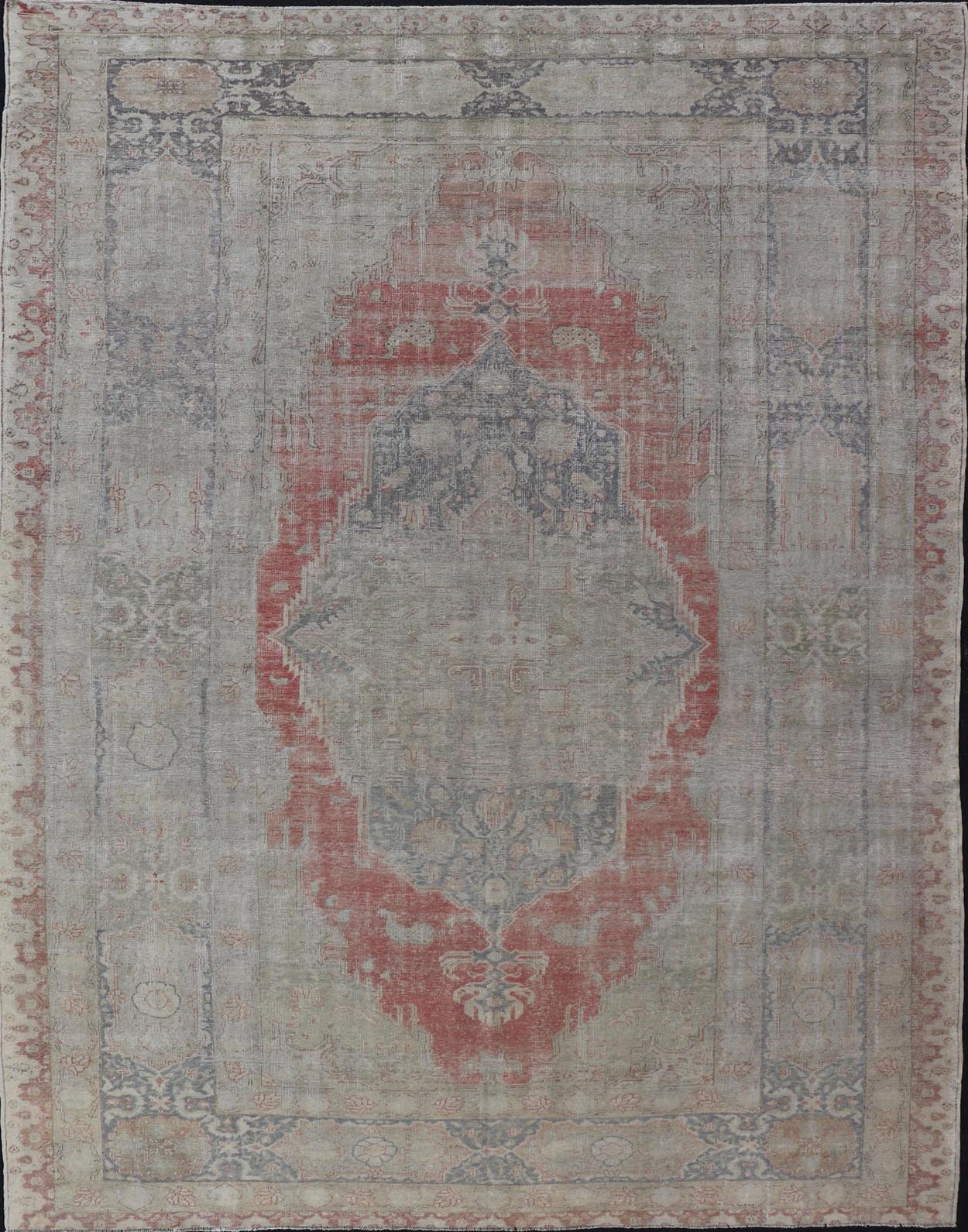 Measures: 9'7 x 13'7 Antique Hand Knotted Turkish Oushak with Large Medallion in Off White and Coral. Keivan Woven Arts / rug EN - 179974, country of origin / type: Turkey / Oushak, circa 1920 This large antique Turkish Oushak rug bears a off whit... - Keivan Woven ArtsEN - 179974 - 21949Rug