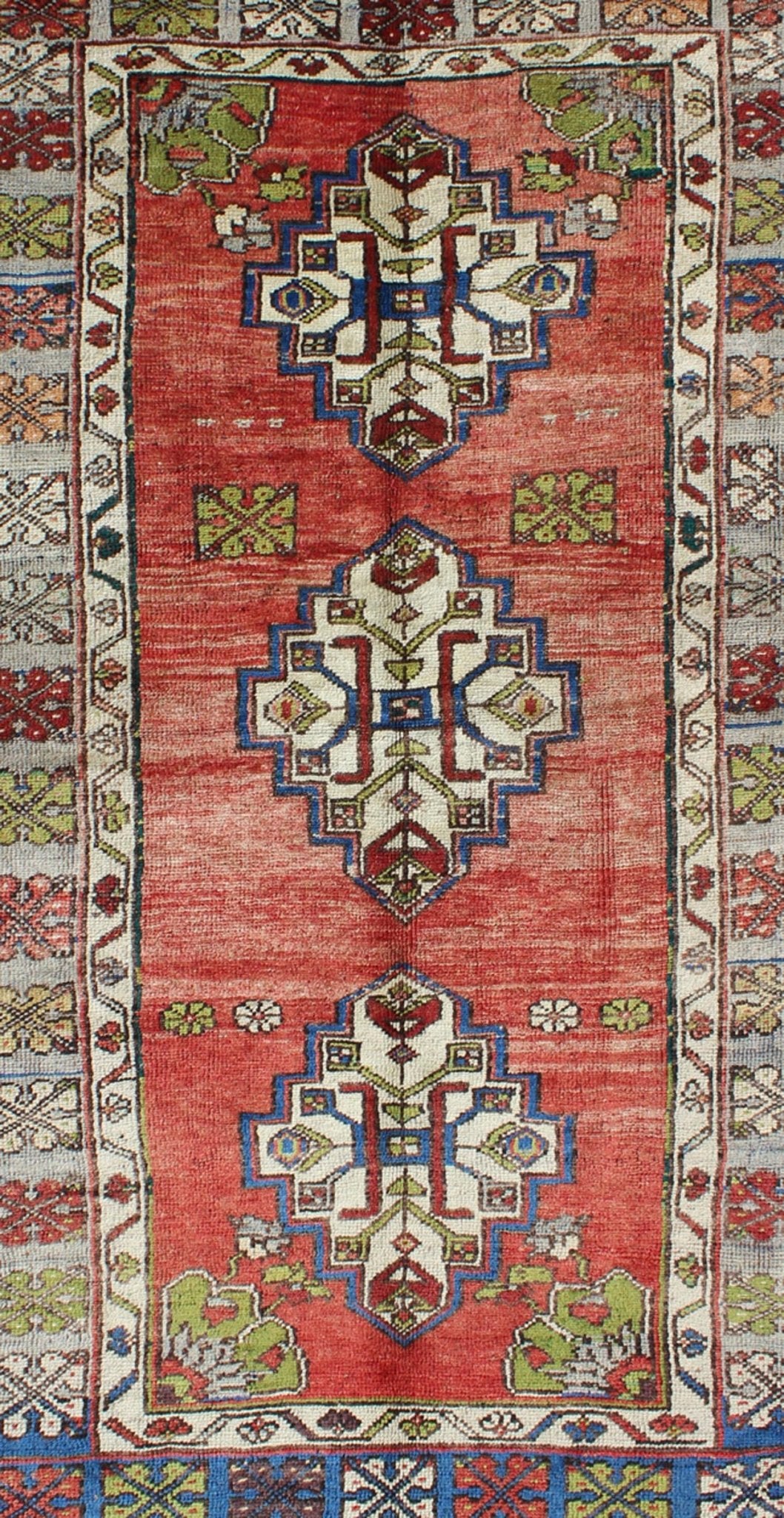 Green, blue and red vintage Turkish Oushak rug with three geometric medallions, rug en - 183, country of origin / type: Turkey / Oushak, circa 1940. This vintage Turkish Oushak gallery rug (circa mid - 20th century) features a unique blend of colors... - Keivan Woven ArtsEN - 183 - 5416Rug