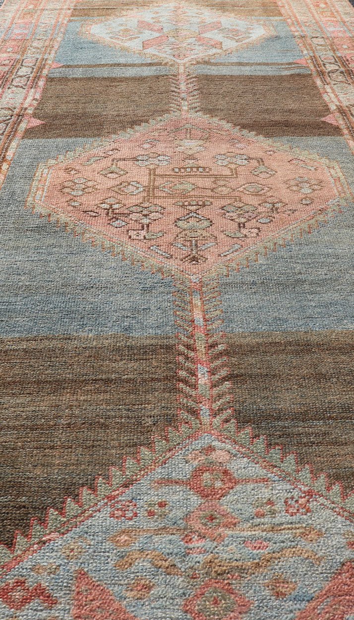 Antique Malayer Runner with Geometric Designs in Gray, Blue, Charcoal & Orange. Geometric medallion design Persian Malayer runner with charcoal, gray, blue, red and orange colors, rug EN - 2344, country of origin / type: Iran / Malayer, circa 1910... - Keivan Woven ArtsEN - 2344 - 14218Rug