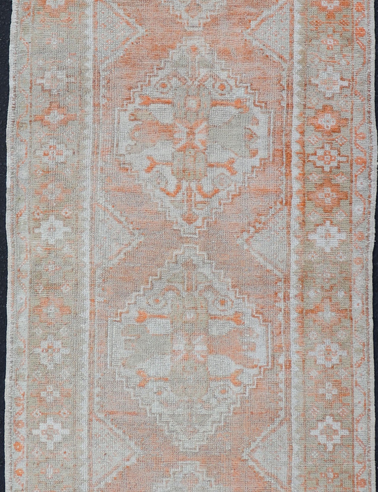 Antique Turkish Oushak Runner with Diamond Medallions and Floral Motifs Antique Turkish Oushak runner with floral medallions, Keivan Woven Arts rug/EN - 2499, country of origin / type: Turkey / Oushak, circa 1930. This antique Oushak runne... - Keivan Woven ArtsEN - 2499 - 14406Rug
