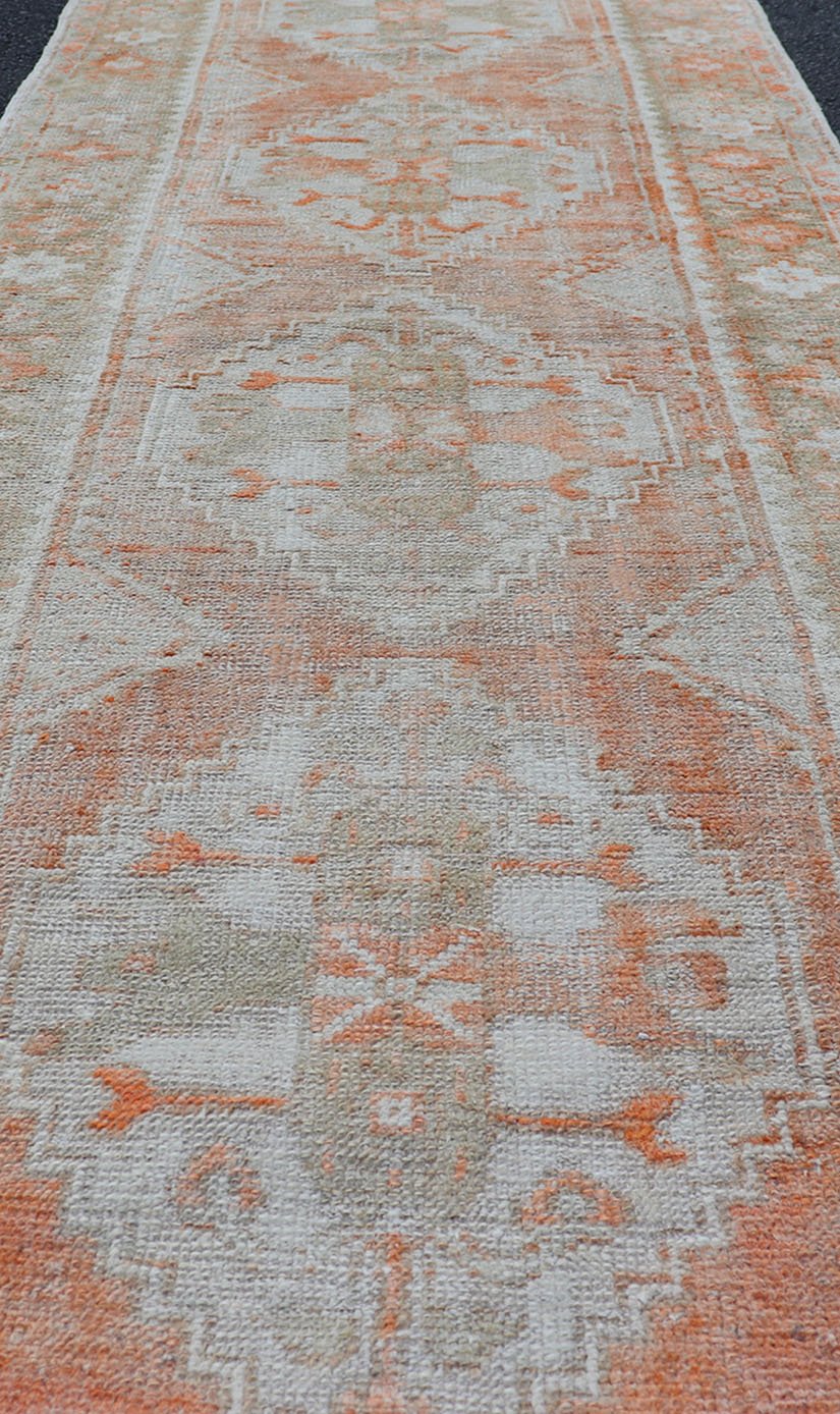 Antique Turkish Oushak Runner with Diamond Medallions and Floral Motifs Antique Turkish Oushak runner with floral medallions, Keivan Woven Arts rug/EN - 2499, country of origin / type: Turkey / Oushak, circa 1930. This antique Oushak runne... - Keivan Woven ArtsEN - 2499 - 14406Rug
