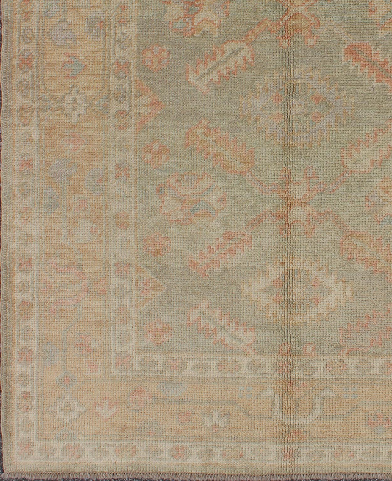 Turkish New Oushak Rug with Green, Neutral Colors and All - Over Flower Design kwarugs New Turkish Oushak rug with green and neutral color palette and all - over flower design, rug en - 302, country of origin / type: Turkey / Oushak This tradit... - Keivan Woven ArtsEN - 302 - 4378Rug