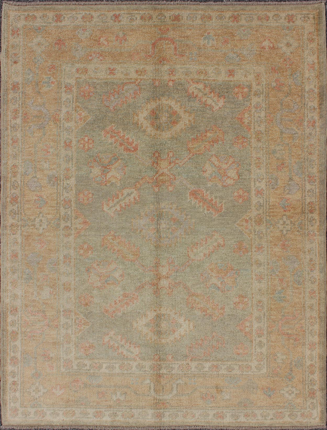 Turkish New Oushak Rug with Green, Neutral Colors and All - Over Flower Design kwarugs New Turkish Oushak rug with green and neutral color palette and all - over flower design, rug en - 302, country of origin / type: Turkey / Oushak This tradit... - Keivan Woven ArtsEN - 302 - 4378Rug