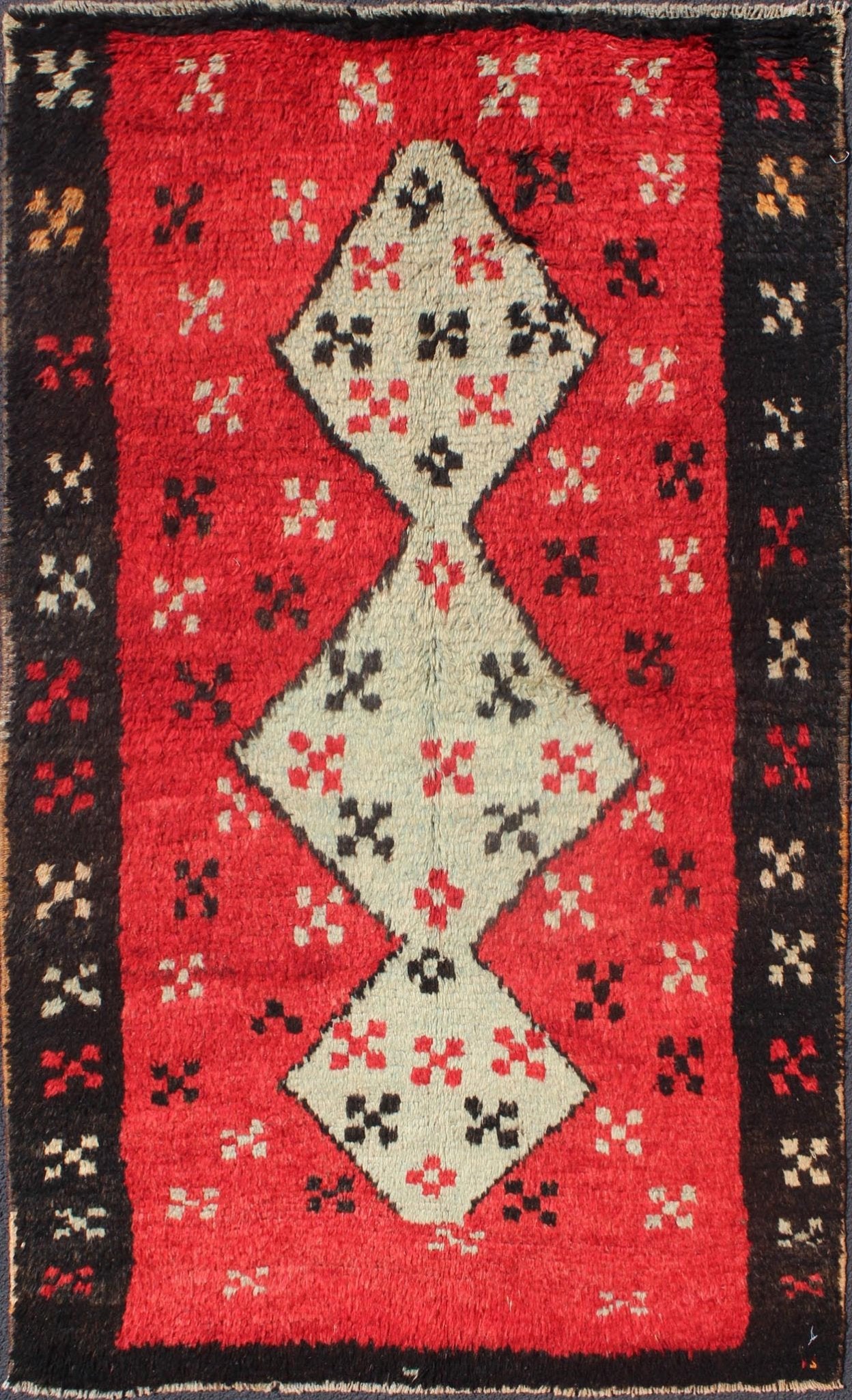Unique Turkish Tulu Rug With Cream Medallions Red Background Chocolate Border. Midcentury Turkish Tulu rug with diamond design in beautiful red, Ivory, and dark brown/ black color border, rug EN - 304, country of origin / type: Turkey / Tulu, circa ... - Keivan Woven ArtsEN - 304 - 4382Rug