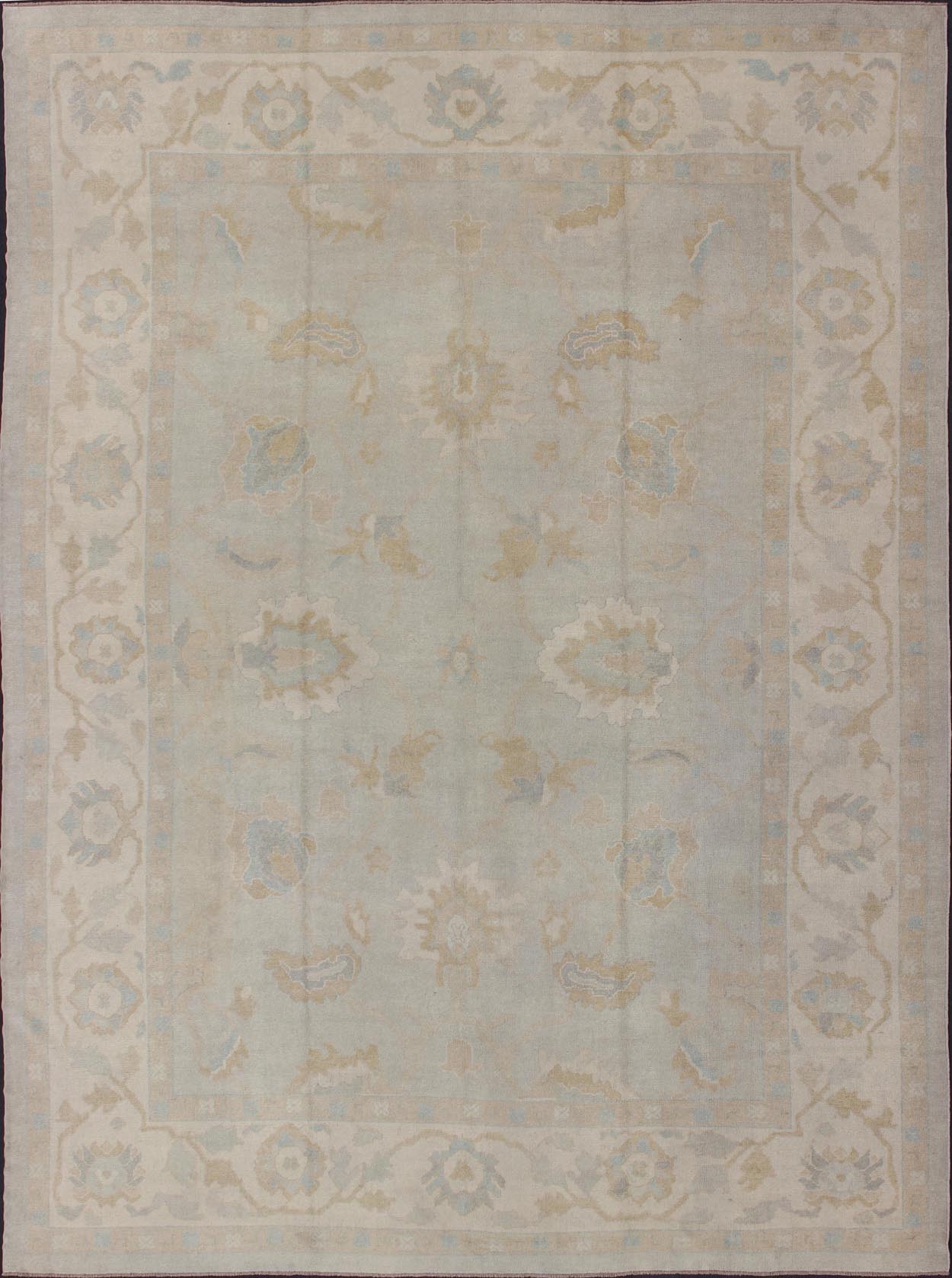 Large Turkish Oushak rug with pastel colors and Botanical design, rug en - 3266, country of origin / type: Turkey / Oushak, circa 1980. This vintage Turkish Oushak rug is remarkably elegant in both color and design. The central field of light gray... - Keivan Woven ArtsEN - 3266 - 5981Rug