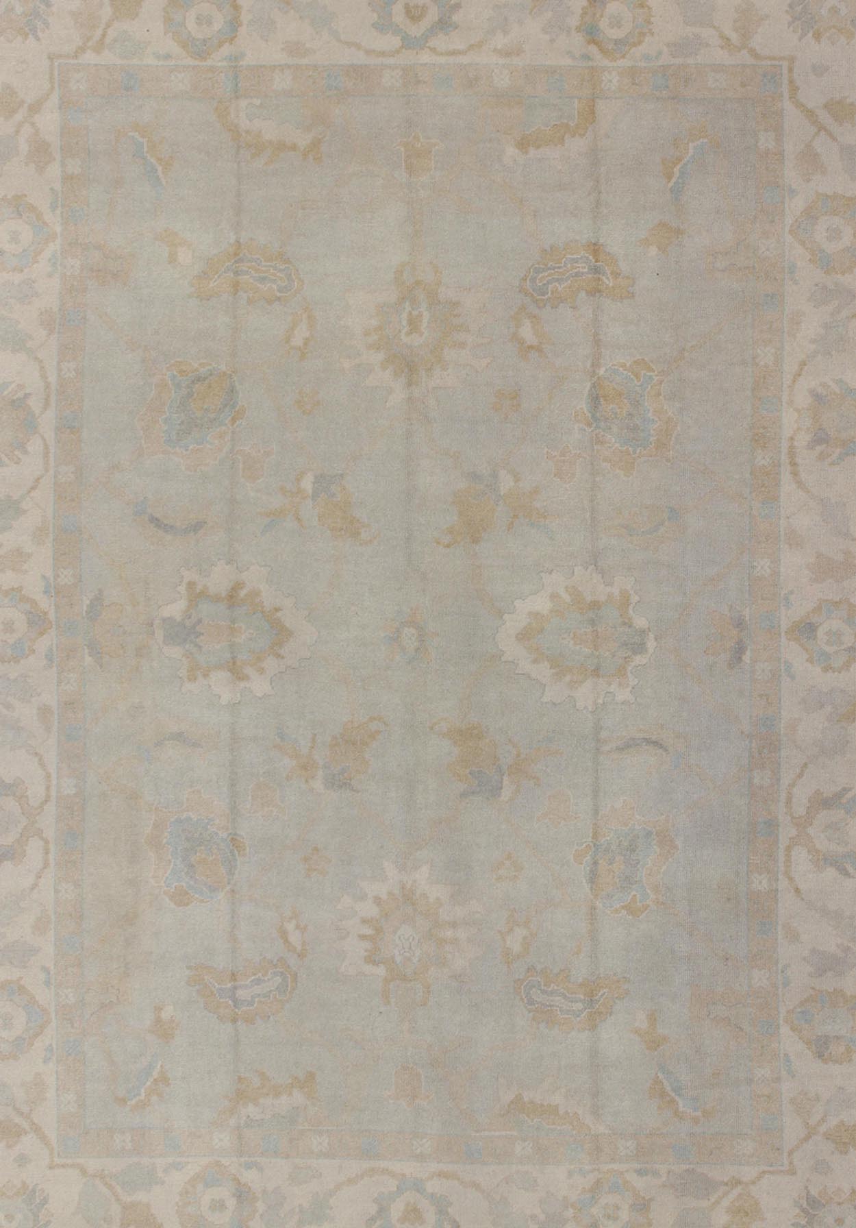 Large Turkish Oushak rug with pastel colors and Botanical design, rug en - 3266, country of origin / type: Turkey / Oushak, circa 1980. This vintage Turkish Oushak rug is remarkably elegant in both color and design. The central field of light gray... - Keivan Woven ArtsEN - 3266 - 5981Rug