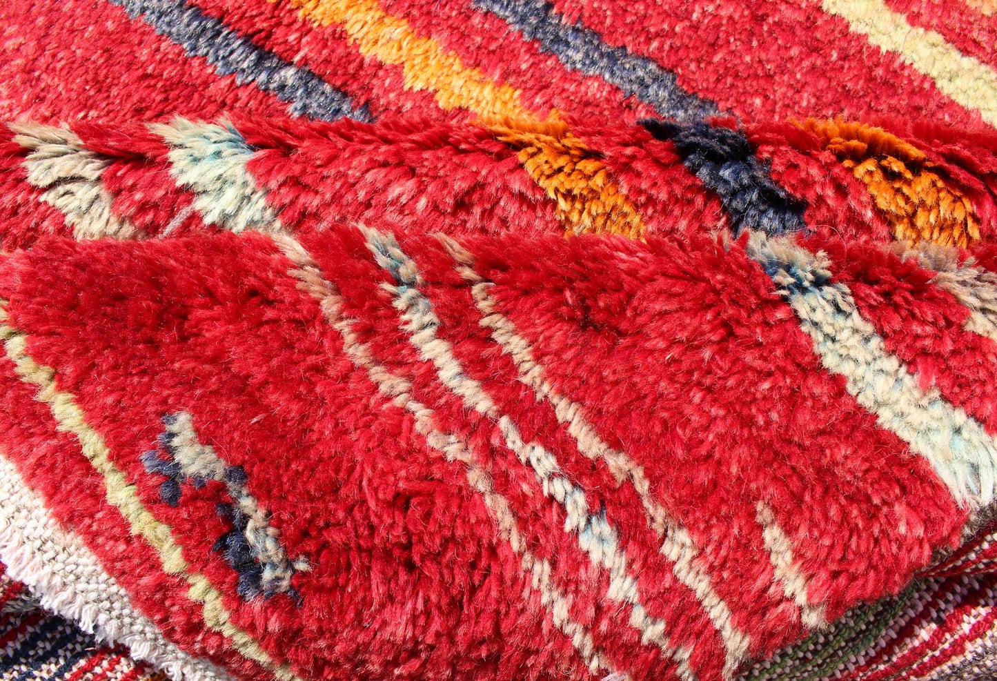 Turkish Tulu Carpet with Colorful Striped Pattern in Red, Orange, Blue, Green Striped Colored Tulu Carpet from Turkey in Blue, Green and Orange rug/en - 3271 origin/turkey This charming high - pile Tulu rug is handwoven from wool in a soft an... - Keivan Woven ArtsEN - 3271 - 5460Rug