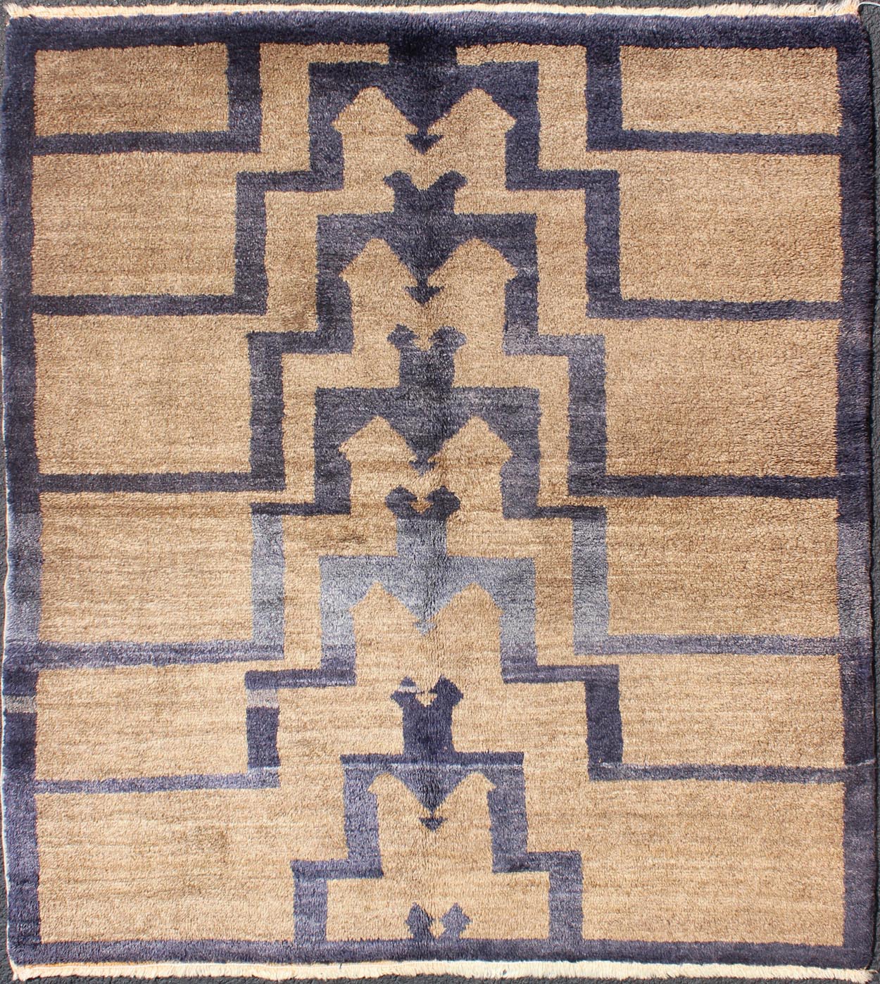Square Mid - Century Modern Tulu Turkish Tulu with Tribal Pattern in Blue and Tan. This vintage Tulu from mid - 20th century Turkey boasts a mid century modern design with interconnected tribal pattern. The multi - tiered pattern consists of blue des... - Keivan Woven ArtsEN - 3306 - 5488Rug