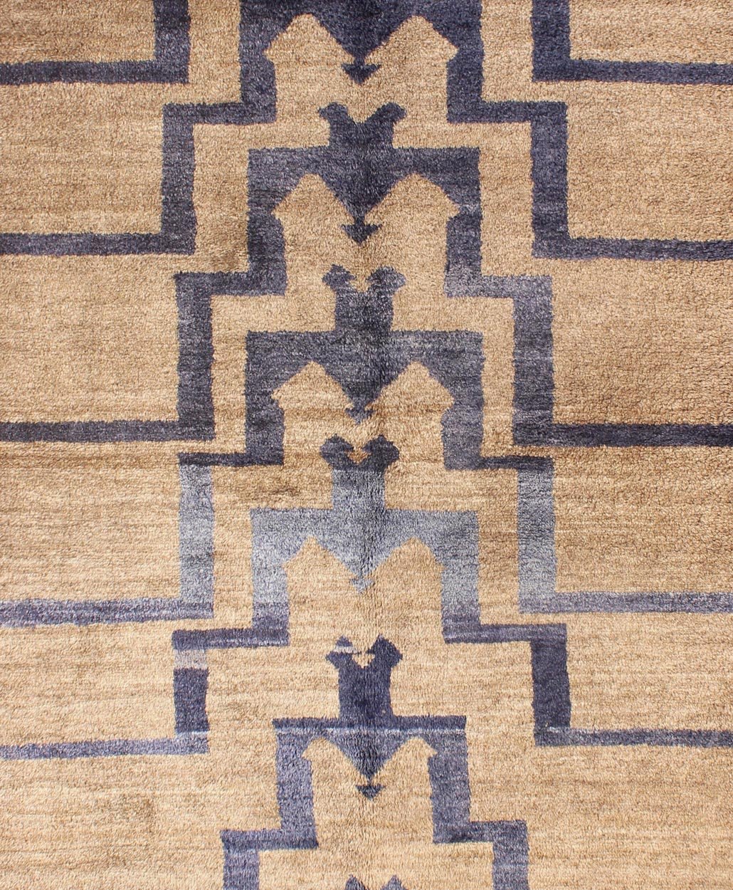 Square Mid - Century Modern Tulu Turkish Tulu with Tribal Pattern in Blue and Tan. This vintage Tulu from mid - 20th century Turkey boasts a mid century modern design with interconnected tribal pattern. The multi - tiered pattern consists of blue des... - Keivan Woven ArtsEN - 3306 - 5488Rug