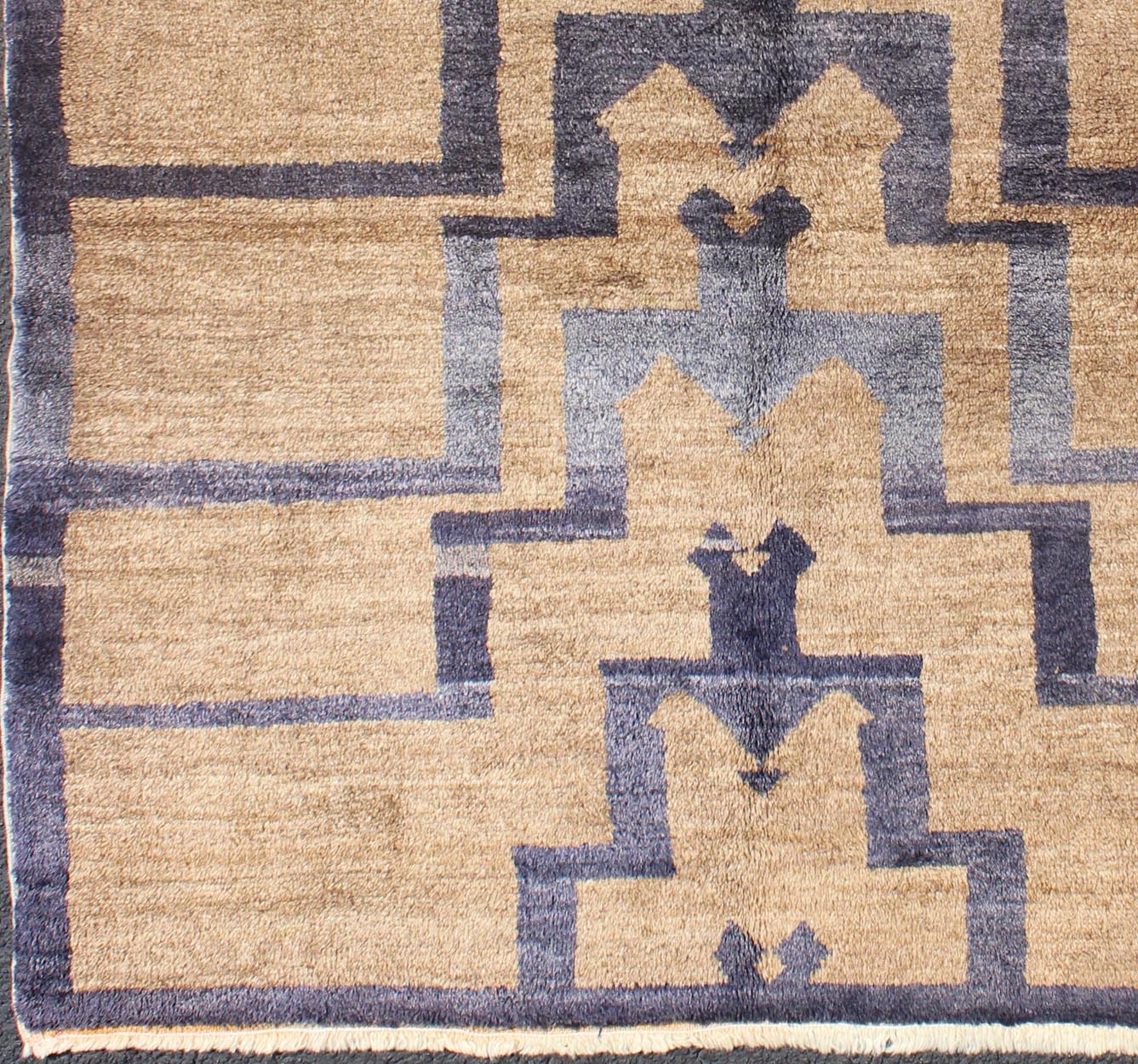 Square Mid - Century Modern Tulu Turkish Tulu with Tribal Pattern in Blue and Tan. This vintage Tulu from mid - 20th century Turkey boasts a mid century modern design with interconnected tribal pattern. The multi - tiered pattern consists of blue des... - Keivan Woven ArtsEN - 3306 - 5488Rug