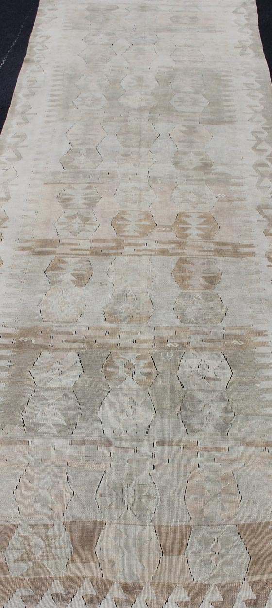 Cream, Brown, and Green Hand Woven Antique Turkish Kilim Flat - Weave Gallery Runner Geometric design flat - weave Kilim antique runner from Turkey in neutral, muted colors, Keivan Woven Arts / rug en - 359, country of origin / type: Turkey / Kilim, c... - Keivan Woven ArtsEN - 359 - 11163Rug