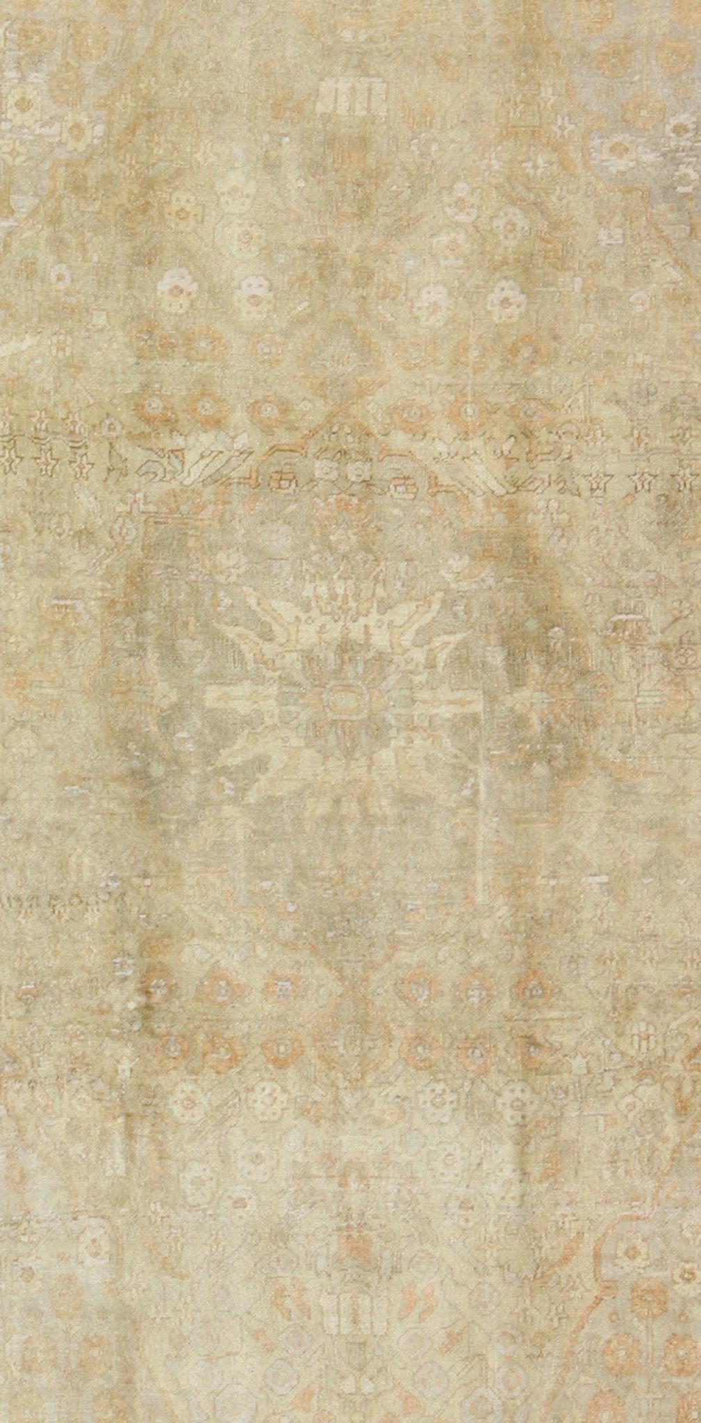 Faded Vintage Turkish Oushak Rug with Medallion, Florals and Taupe Background, rug en - 3960, country of origin / type: Turkey / Oushak, circa mid - 20th century This faded vintage Oushak rug (circa mid - 20th century) features an intricately beautifu... - Keivan Woven ArtsEN - 3960 - 110Rug