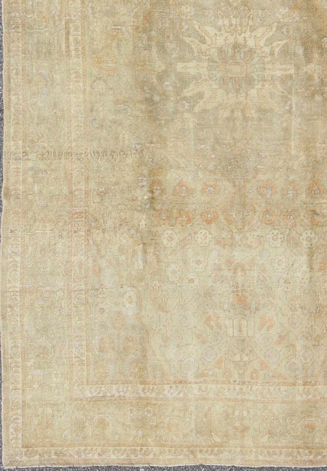 Faded Vintage Turkish Oushak Rug with Medallion, Florals and Taupe Background, rug en - 3960, country of origin / type: Turkey / Oushak, circa mid - 20th century This faded vintage Oushak rug (circa mid - 20th century) features an intricately beautifu... - Keivan Woven ArtsEN - 3960 - 110Rug