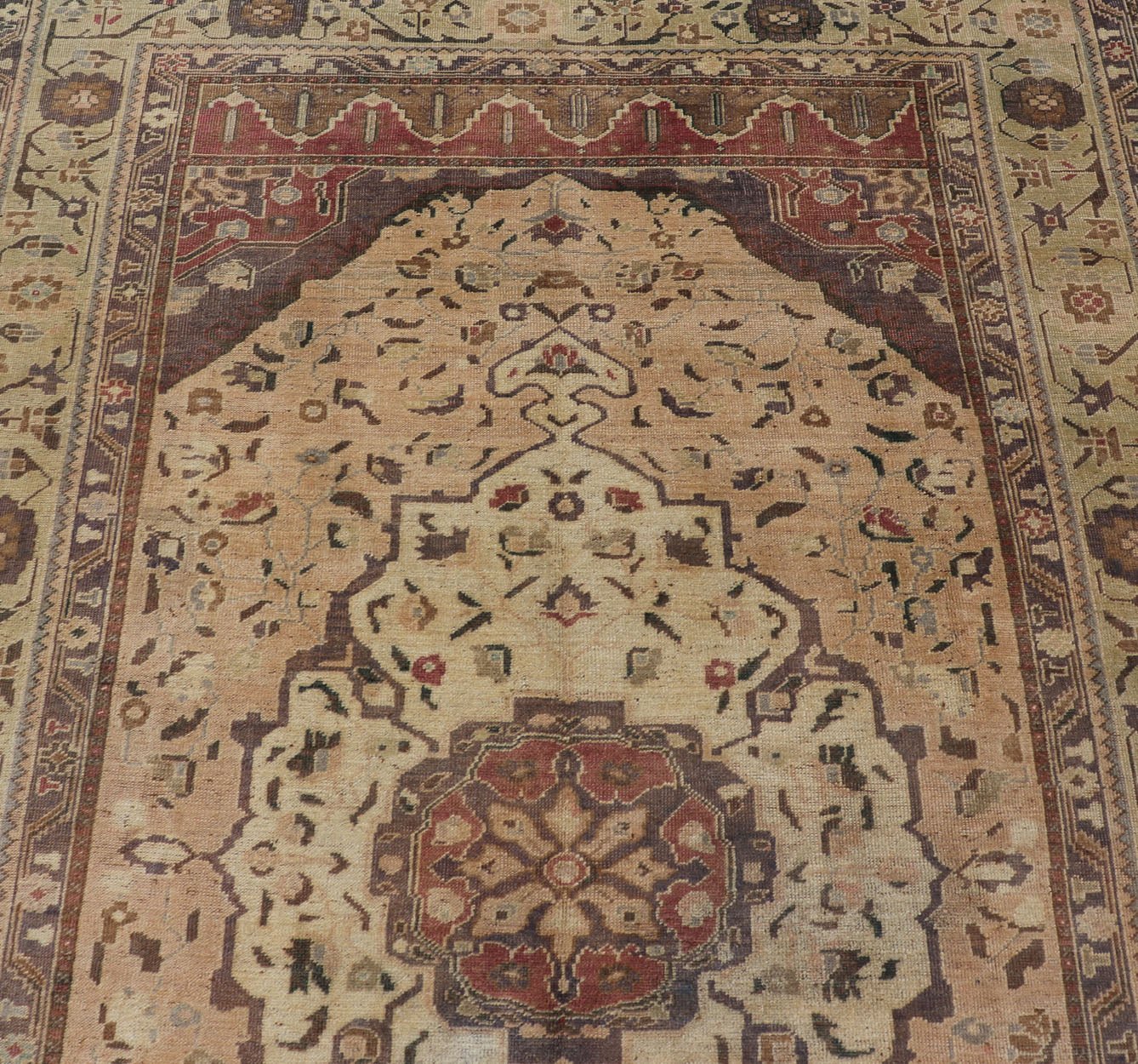 Turkish Oushak Rug Vintage with Layered Medallion in Ivory, Red, Blue and Olive, rug en - 421, country of origin / type: Turkey / Oushak, circa mid - 20th century This vintage Turkish Oushak rug (circa mid - 20th century) features a unique blend of co... - Keivan Woven ArtsEN - 421 - 4824Rug