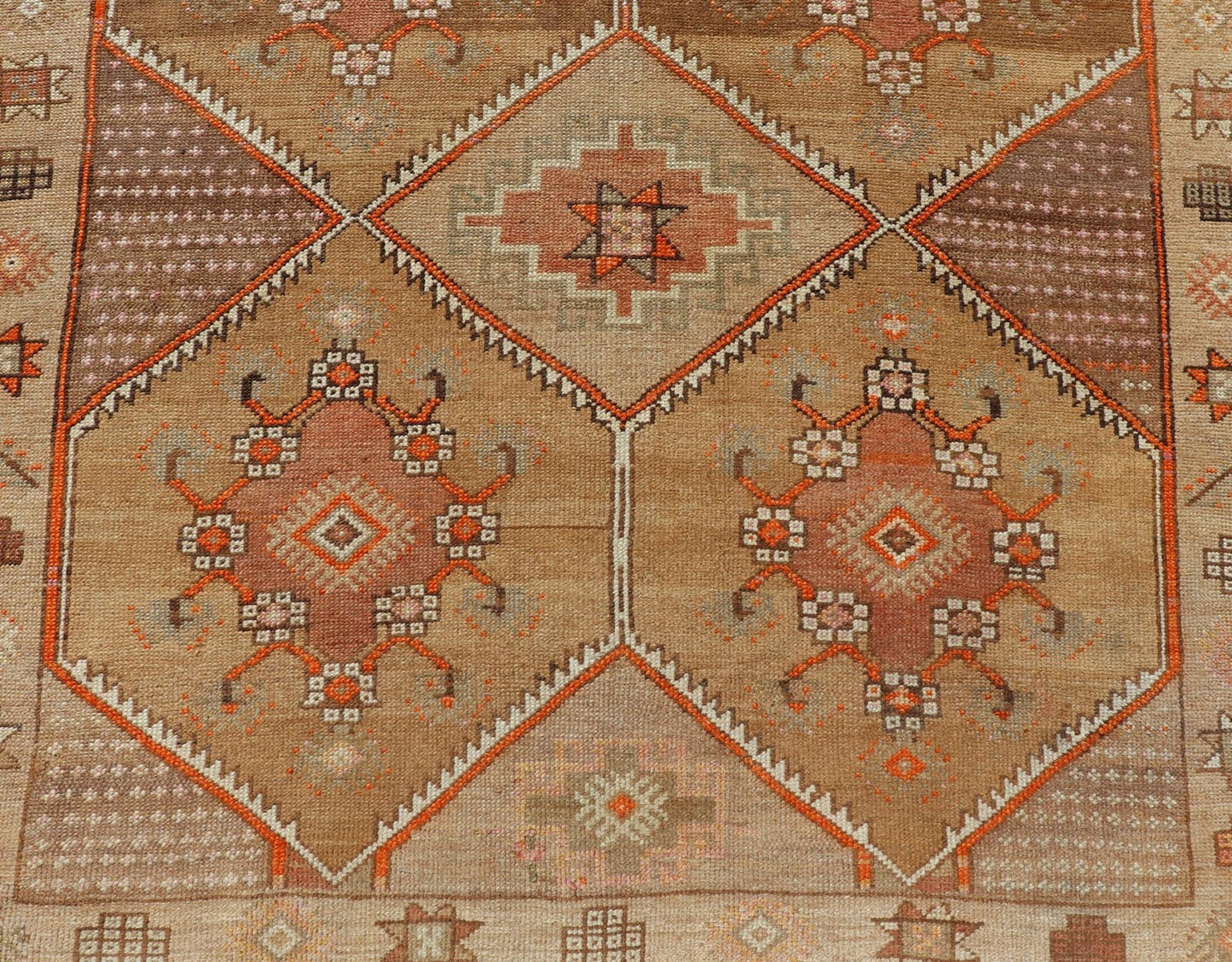Vintage Turkish Kars Gallery Runner in Brown Color, Tan, Taupe and Orange. Keivan Woven Arts rug EN - 4655, country of origin / type: Turkey / Kars, circa 1950 Measures: 5'9 x 13'4 This vintage gallery runner features an assortment of tribal and g... - Keivan Woven ArtsEN - 4655 - 17436Rug