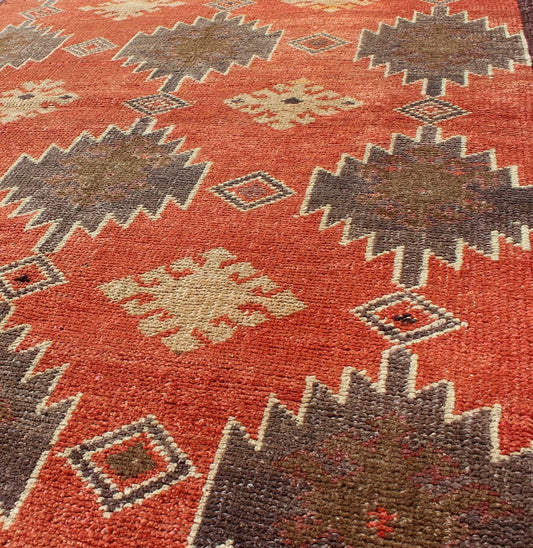 Turkish Oushak Tulu Rug with Geometric Medallions Measures: 3'2 x 5'6 Turkish Vintage Tulu Rug with Geometric Medallions in Orange, Butter, Gray and Brown Vintage Tulu Rug with Geometric Medallions, Tulu, Turkish Tulu, Geometric ... - Keivan Woven ArtsEN - 6061 - 4476