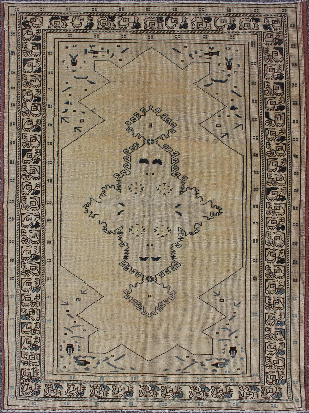 Keivan Woven Arts - Vintage Turkish Oushak Geometric Rug in Butter, Cream, Black, Taupe & Teal, Medallion design Vintage Turkish Oushak Geometric Rug in Butter, Cream, Black, Taupe & Teal , rug en - 615, country of origin / type: Turkey / Oushak, circa 194... - Keivan Woven ArtsEN - 615 - 4440Rug