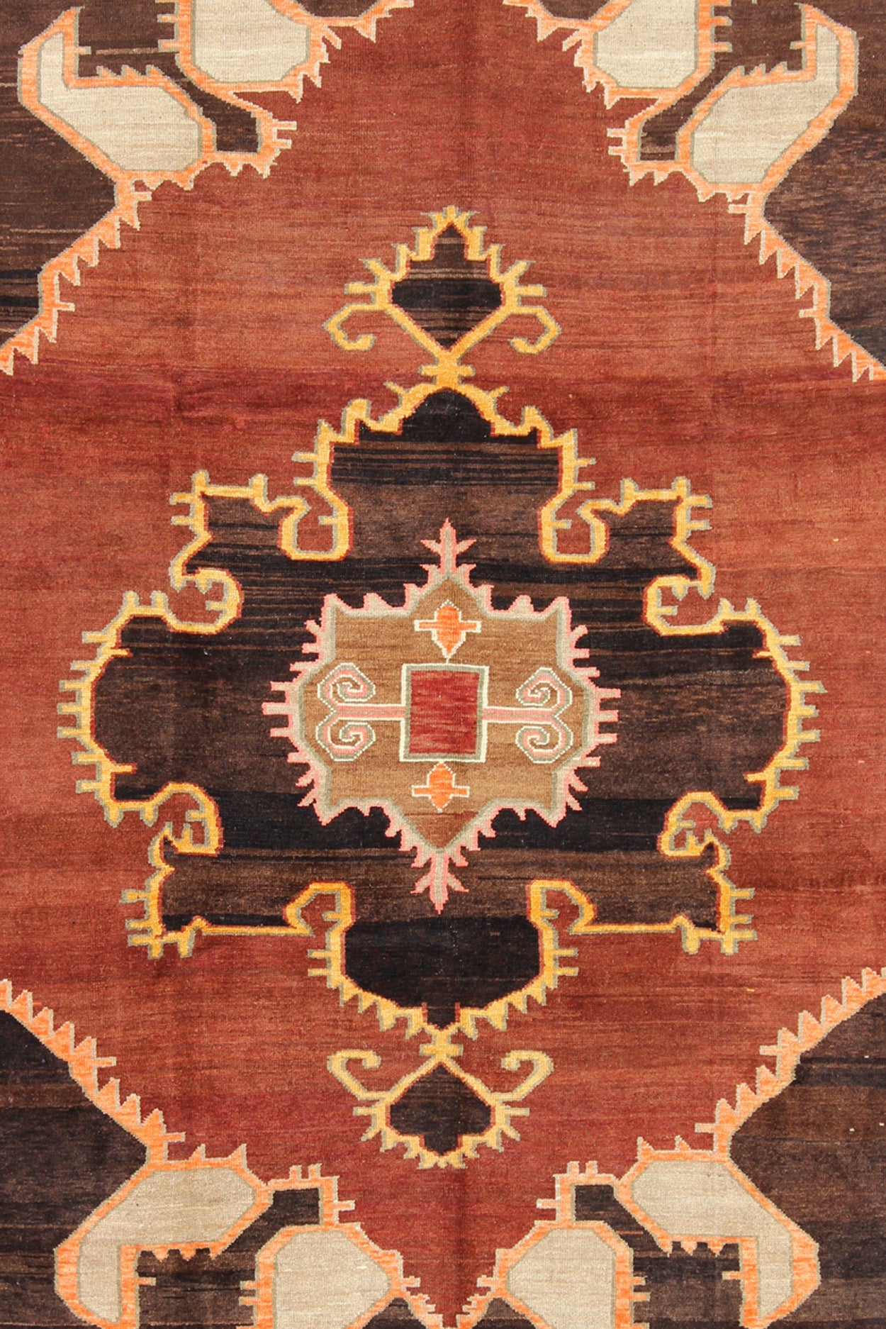 Keivan Woven Arts - Bold Design Vintage Turkish Rug in Sienna, Brown, Black, Cream and Yellow. Turkish Kars. Vintage Turkish Rug. Kars Rugs This unexpected bold Turkish carpet is composed of a reddish - brown background with dark charcoal and brow... - Keivan Woven ArtsEN - 616 - 4450Rug