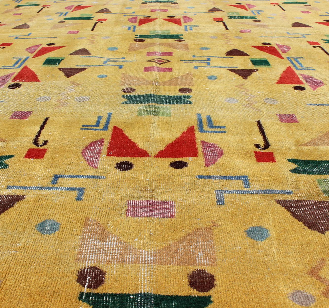 Mid - Century Modern Turkish Rug, Vintage Modern Design Carpet in Yellow Color. This finely composed Mid - Century Modern rug features a symmetric geometric design with various shapes, composed in vivid shades of yellow, red, green, blue and brown, ... - Keivan Woven ArtsEN - 627 - 4852Rug
