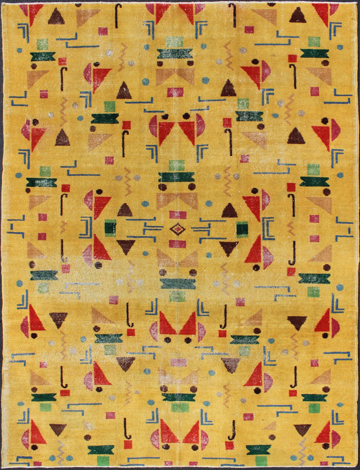 Mid - Century Modern Turkish Rug, Vintage Modern Design Carpet in Yellow Color. This finely composed Mid - Century Modern rug features a symmetric geometric design with various shapes, composed in vivid shades of yellow, red, green, blue and brown, ... - Keivan Woven ArtsEN - 627 - 4852Rug