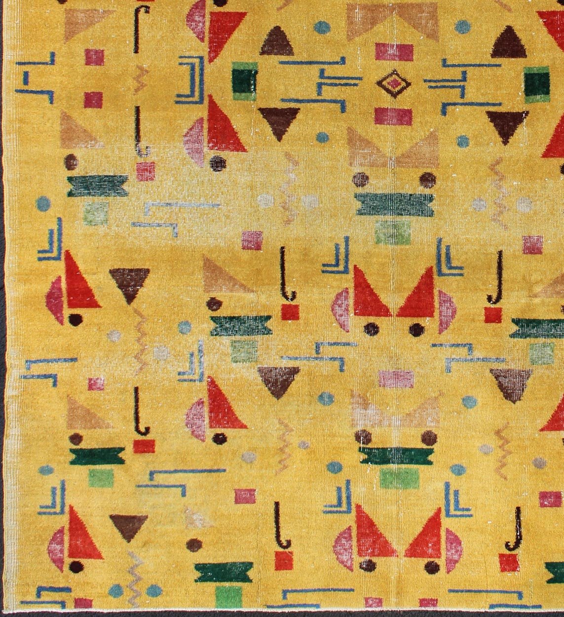 Mid - Century Modern Turkish Rug, Vintage Modern Design Carpet in Yellow Color. This finely composed Mid - Century Modern rug features a symmetric geometric design with various shapes, composed in vivid shades of yellow, red, green, blue and brown, ... - Keivan Woven ArtsEN - 627 - 4852Rug