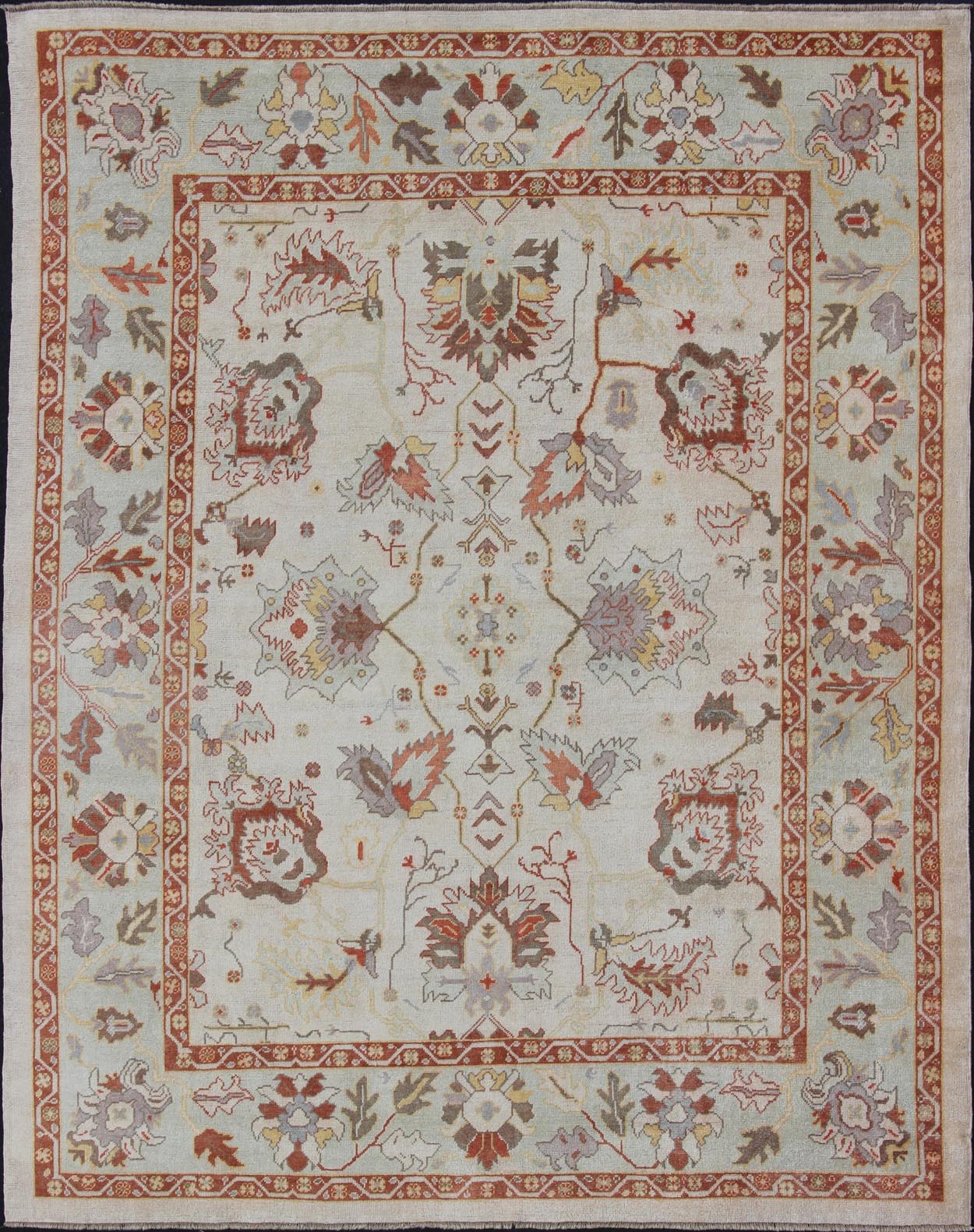 Turkish Oushak Rug with Muted Color. Measures: 10'1 x 12'5. This traditional Oushak rug from Turkey features a subdued, neutral color palette and an all - over design of floral shapes, surrounded beautifully by an all - encompassing, complementary bo... - Keivan Woven ArtsEN - 649 - 4858Rug