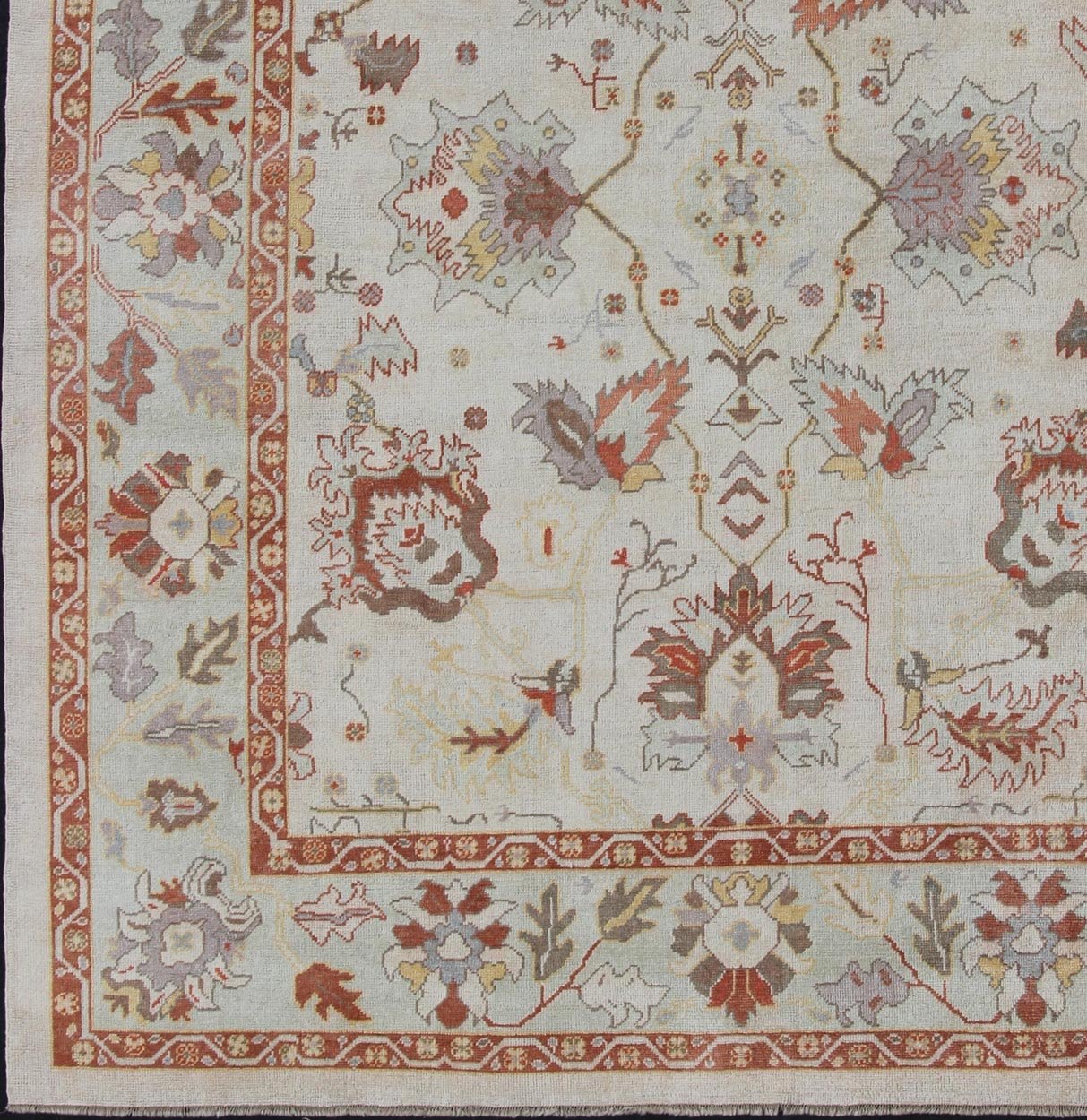 Turkish Oushak Rug with Muted Color. Measures: 10'1 x 12'5. This traditional Oushak rug from Turkey features a subdued, neutral color palette and an all - over design of floral shapes, surrounded beautifully by an all - encompassing, complementary bo... - Keivan Woven ArtsEN - 649 - 4858Rug