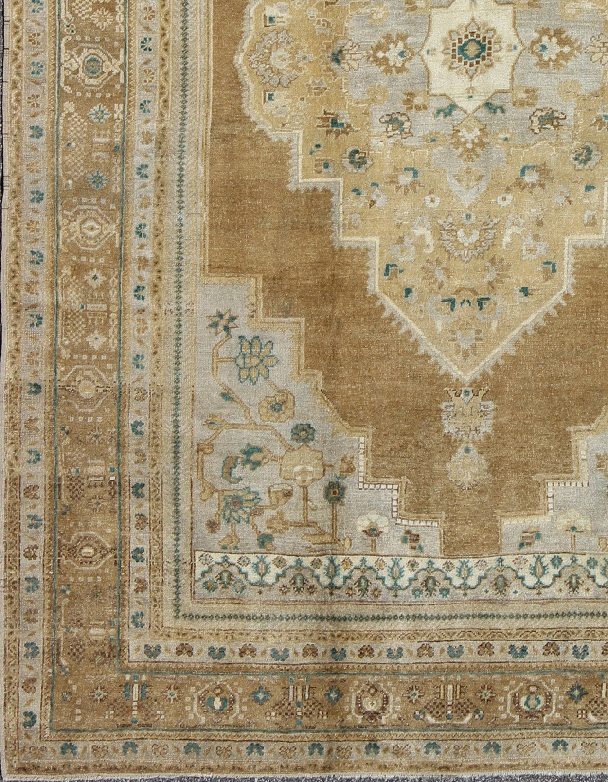 Vintage Oushak Turkish Rug in Light Golden Brown, Tan, and Teal - Green Accents. Vintage Oushak Turkish Rug in Light Golden Brown, Tan, and Teal - Green Accents. Keivan Woven Arts / rug /EN - 799, country of origin / type: Turkey / Oushak, circa 1930... - Keivan Woven ArtsEN - 799 - 3850Rug