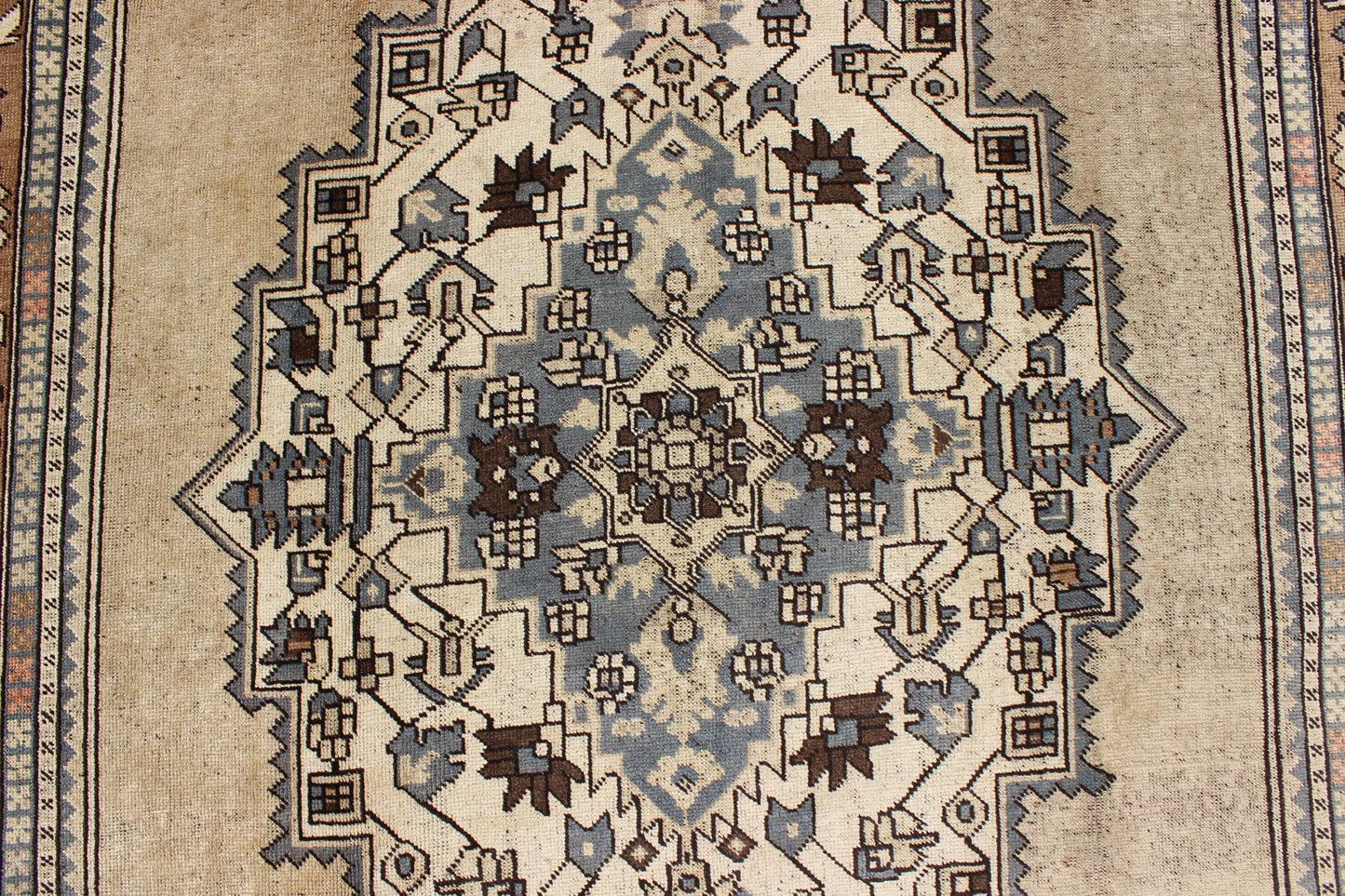 Vintage Turkish Medallion Oushak Rug in Rustic Blue, Mocha, and Taupe Measures: 7'2 x 12'9 Unique in its color palette and composition, this vintage Oushak features large - scale motifs and a central medallion. The field design is rendered... - Keivan Woven ArtsEN - 94123 - 3814Rug