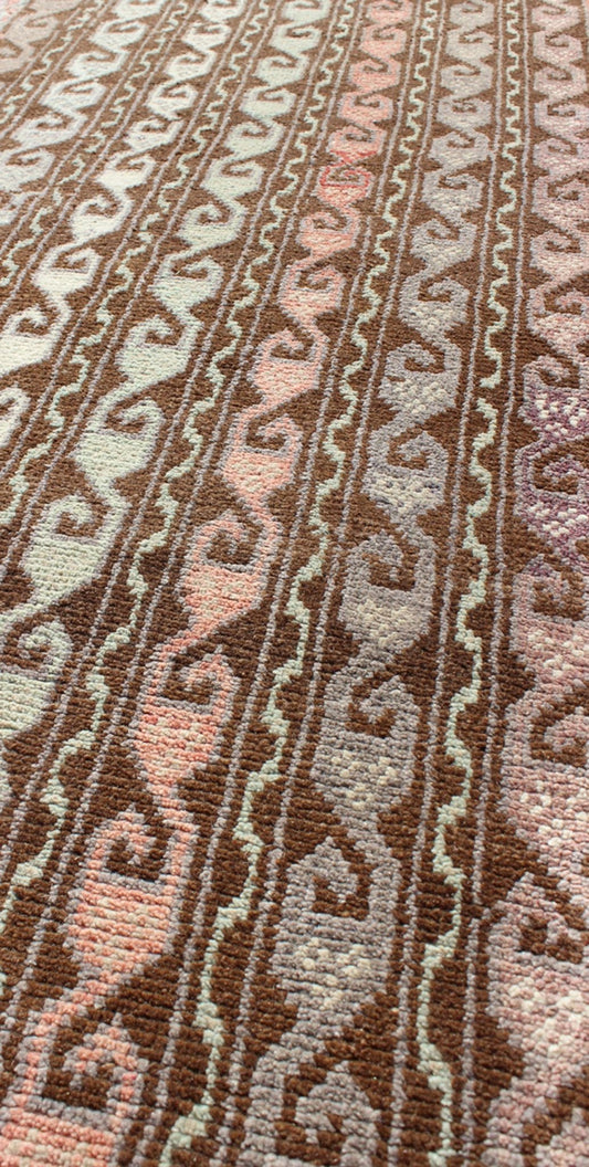 Brown and pastel - colored vintage Turkish Oushak runner with vining geometrics, rug en - 957, country of origin / type: Turkey / Oushak, circa 1930 This vintage Turkish gallery runner (circa 1930) features a unique blend of colors and an intricatel... - Keivan Woven ArtsEN - 957 - 3411