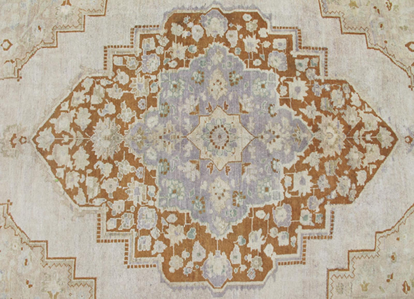 Vintage Turkish Oushak Rug in Brown, Pale Green, Taupe & Taupe Light Purple Measures 6'10 x 10'5 This softly colored Oushak carpet rests beautifully upon a field of elegant light taupe. A large medallion of lavender/gray and saddle brow... - Keivan Woven ArtsEN - 989 - 5265Rug