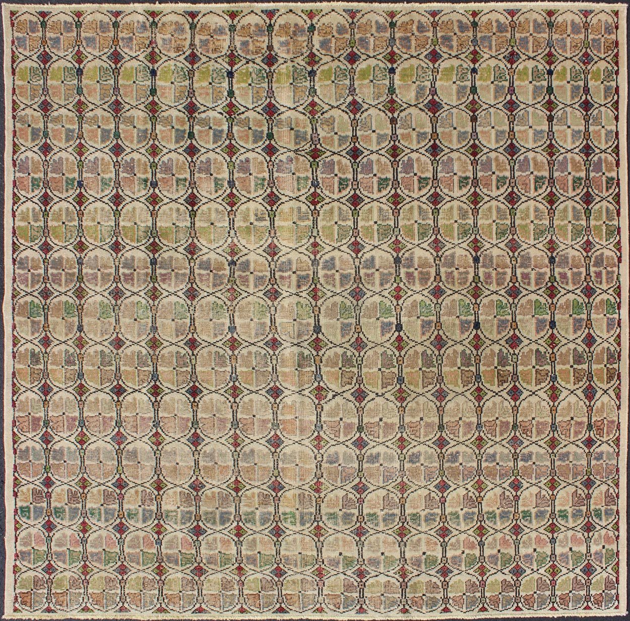 Mid - Century Modern Turkish Square Rug Rendered on a muted background with a spotted and speckled assortment of yellows, reds, browns, greens and blues, this very unique Mid - Century square rug displays a repeating pattern with an abstract feel. ... - Keivan Woven ArtsEN - 990 - 5271Rug