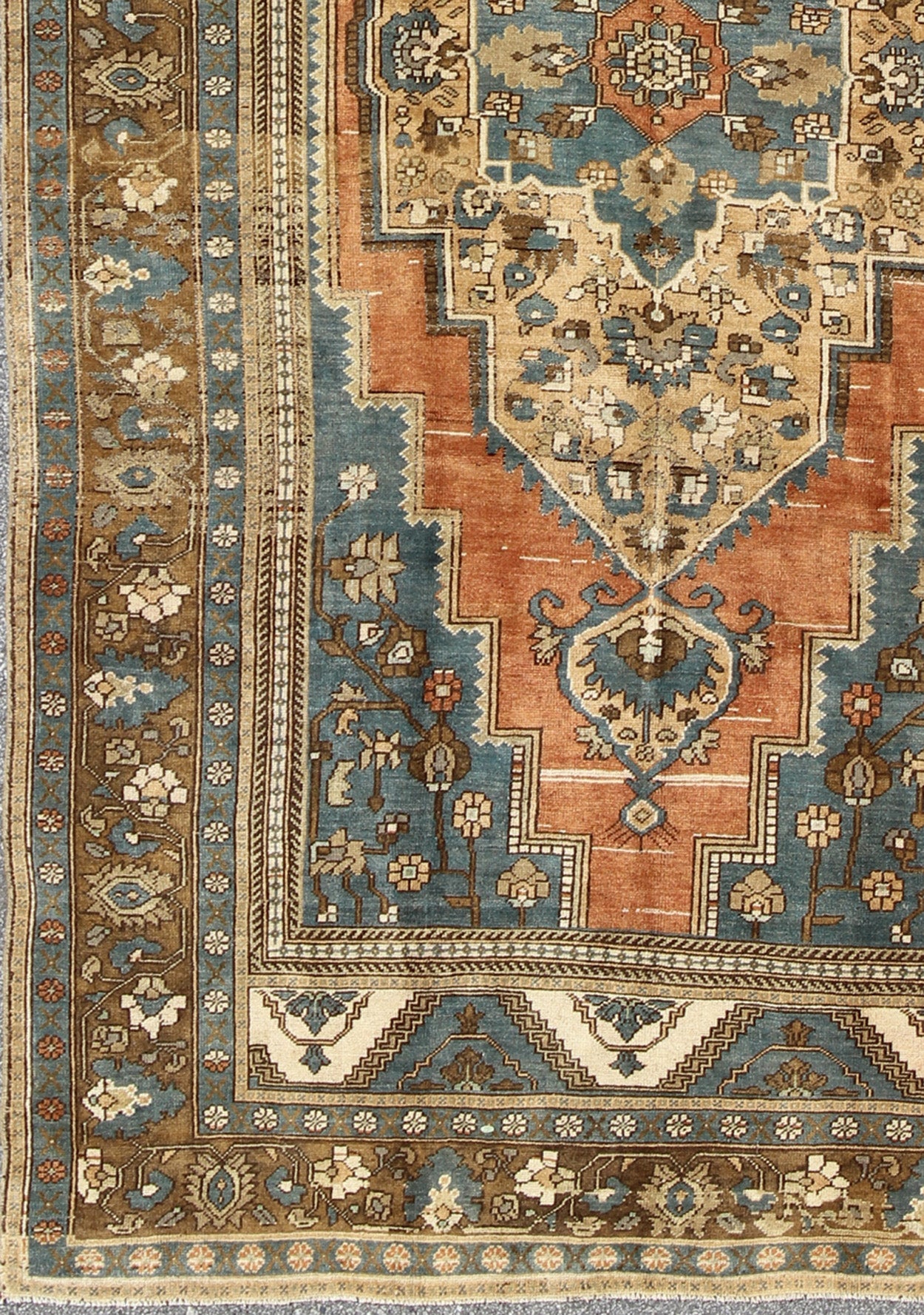 Antique Turkish Colorful Oushak Gallery Rug In Blue Brown & Terra - cotta. Rug/EN - AGA - 004, Colorful Oushak, Antique Oushak. A singularly masterful work of art, this richly patterned antique Turkish Oushak carpet balances a perfect blend of geometric d... - Keivan Woven ArtsEN - AGA - 004 - 2031Rug