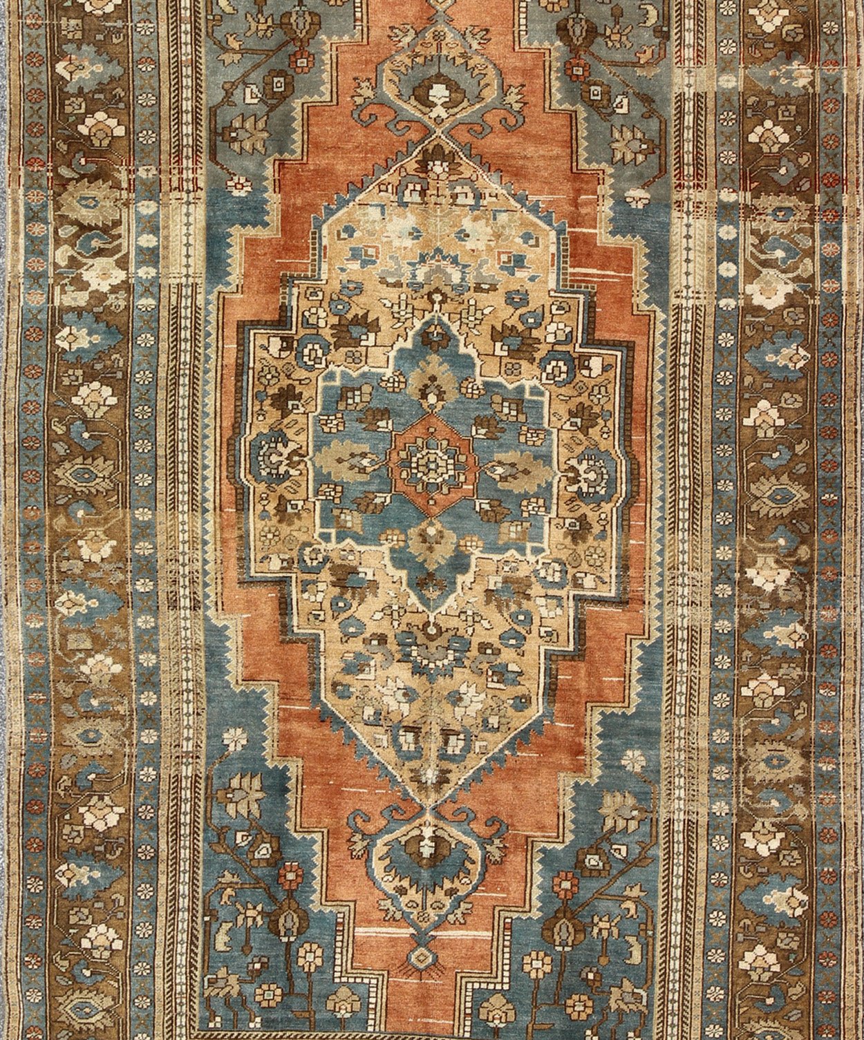 Antique Turkish Colorful Oushak Gallery Rug In Blue Brown & Terra - cotta. Rug/EN - AGA - 004, Colorful Oushak, Antique Oushak. A singularly masterful work of art, this richly patterned antique Turkish Oushak carpet balances a perfect blend of geometric d... - Keivan Woven ArtsEN - AGA - 004 - 2031Rug