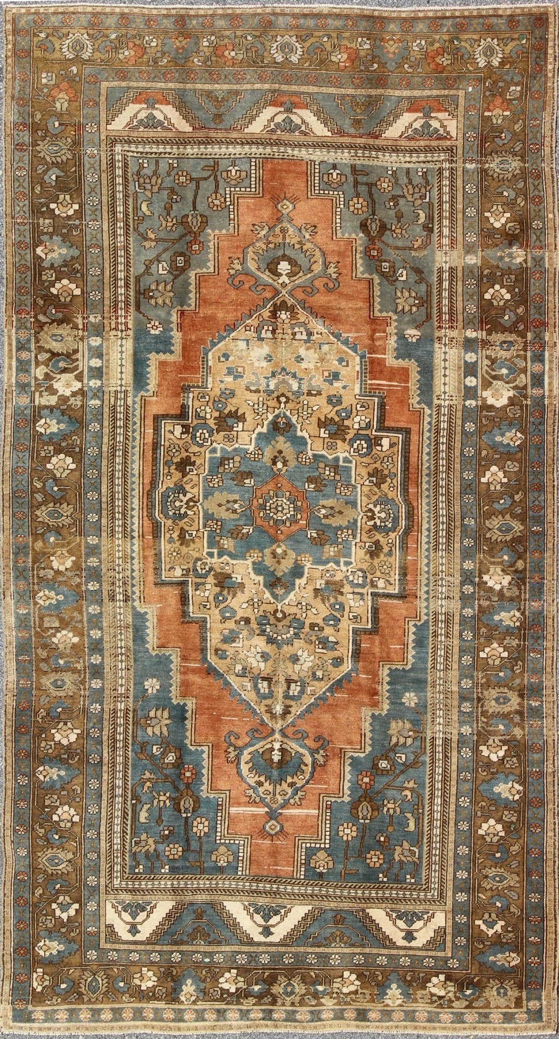 Antique Turkish Colorful Oushak Gallery Rug In Blue Brown & Terra - cotta. Rug/EN - AGA - 004, Colorful Oushak, Antique Oushak. A singularly masterful work of art, this richly patterned antique Turkish Oushak carpet balances a perfect blend of geometric d... - Keivan Woven ArtsEN - AGA - 004 - 2031Rug