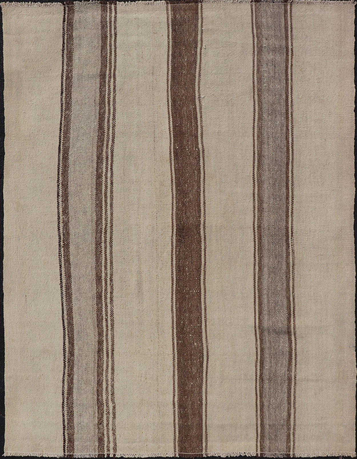 Vintage Turkish Kilim with Vertical Stripes in Tan, Taupe, gray, Cream and Brown Vintage Kilim Rug, rug EN - P13441 , country of origin / type: Turkey / Kilim, circa Mid - 20th Century. Measures: 4'3 x 5'10. - Keivan Woven ArtsEN - P13441 - 18449Rug