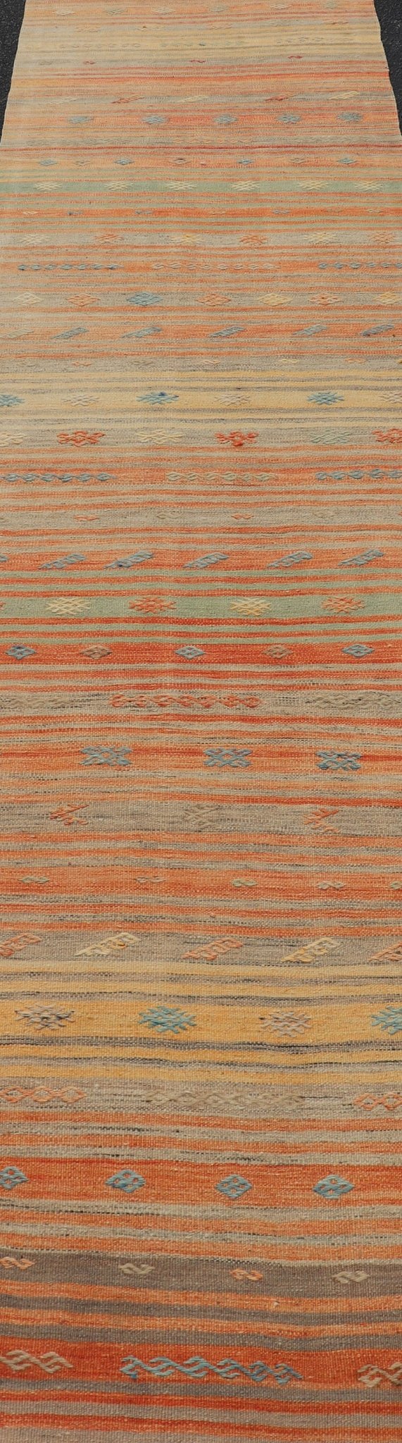Colorful Vintage Turkish Kilim Runner with Stripes and Geometric Embroideries Colorful Vintage Turkish Kilim Runner with Stripes and Geometric Embroideries. Keivan Woven Arts / rug EN - P13659, country of origin / type: Turkey / Kilim, circa M... - Keivan Woven ArtsEN - P13659 - 17898Rug