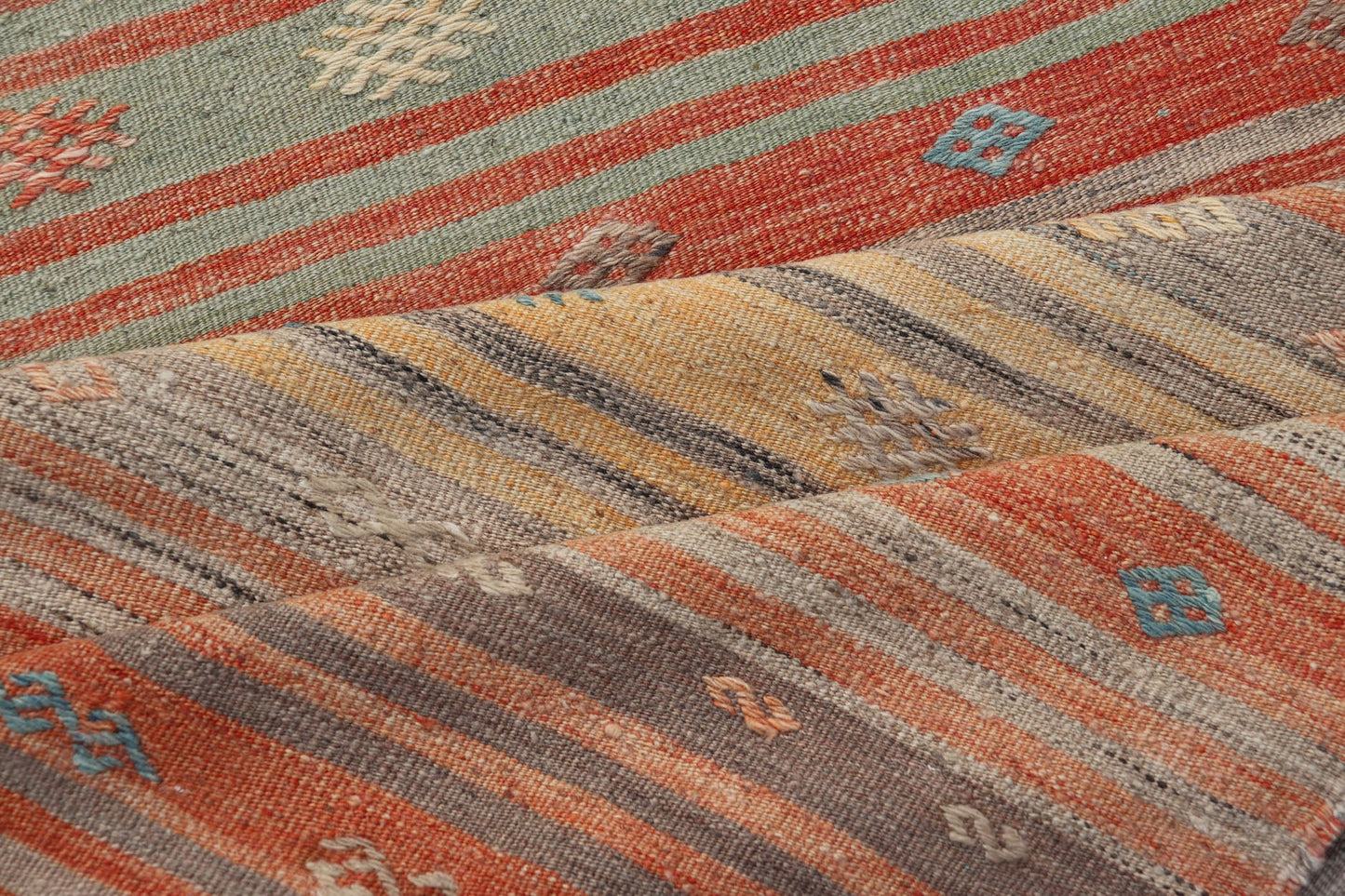 Colorful Vintage Turkish Kilim Runner with Stripes and Geometric Embroideries Colorful Vintage Turkish Kilim Runner with Stripes and Geometric Embroideries. Keivan Woven Arts / rug EN - P13659, country of origin / type: Turkey / Kilim, circa M... - Keivan Woven ArtsEN - P13659 - 17898Rug