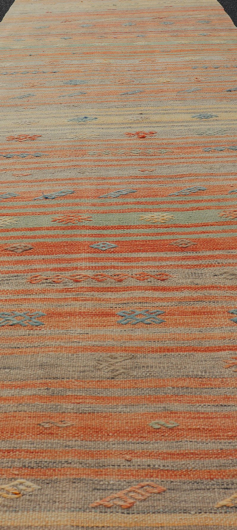 Colorful Vintage Turkish Kilim Runner with Stripes and Geometric Embroideries Colorful Vintage Turkish Kilim Runner with Stripes and Geometric Embroideries. Keivan Woven Arts / rug EN - P13659, country of origin / type: Turkey / Kilim, circa M... - Keivan Woven ArtsEN - P13659 - 17898Rug