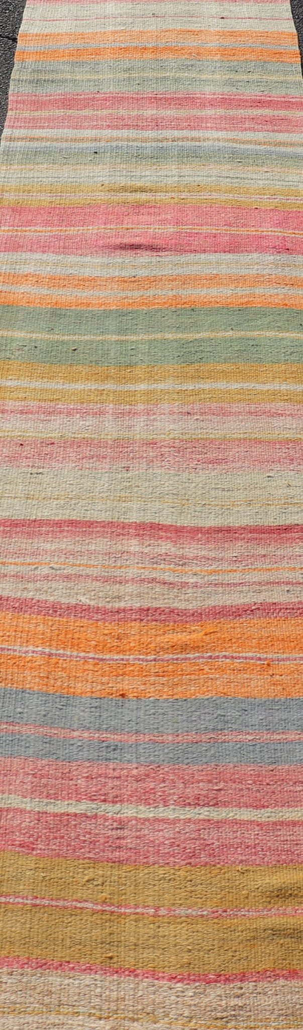 Vintage Turkish Kilim Runner with Horizontal Stripes in Bright Color Tones Vintage Turkish Kilim Runner with Horizontal Stripes in Bright Color Tones. Keivan Woven Arts / rug EN - P13699, country of origin / type: Turkey / Kilim, circa Mid - 20th Ce... - Keivan Woven ArtsEN - P13699 - 17922Rug