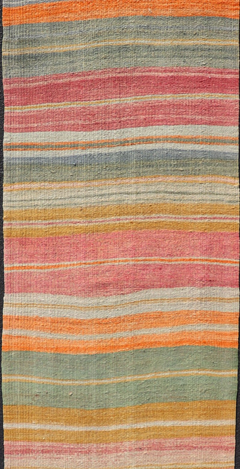Vintage Turkish Kilim Runner with Horizontal Stripes in Bright Color Tones Vintage Turkish Kilim Runner with Horizontal Stripes in Bright Color Tones. Keivan Woven Arts / rug EN - P13699, country of origin / type: Turkey / Kilim, circa Mid - 20th Ce... - Keivan Woven ArtsEN - P13699 - 17922Rug