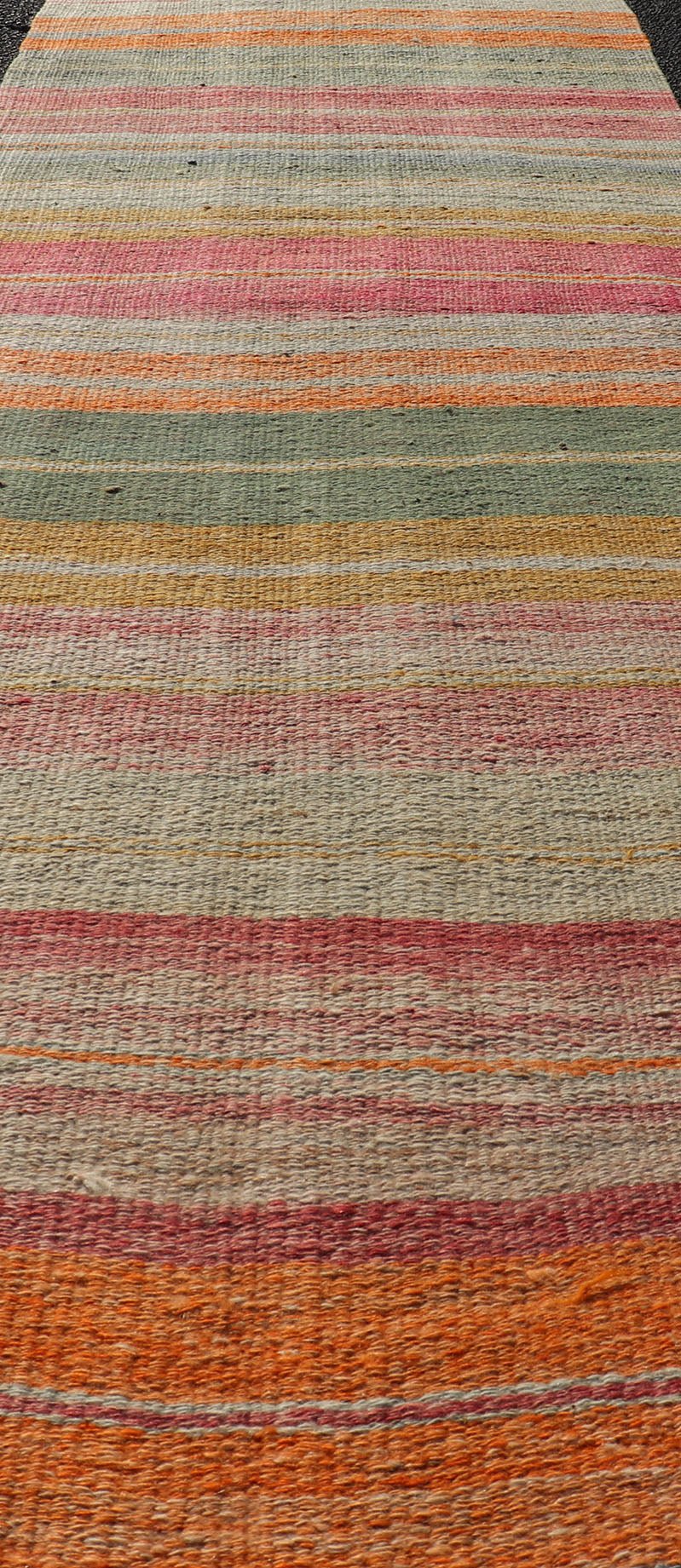Vintage Turkish Kilim Runner with Horizontal Stripes in Bright Color Tones Vintage Turkish Kilim Runner with Horizontal Stripes in Bright Color Tones. Keivan Woven Arts / rug EN - P13699, country of origin / type: Turkey / Kilim, circa Mid - 20th Ce... - Keivan Woven ArtsEN - P13699 - 17922Rug