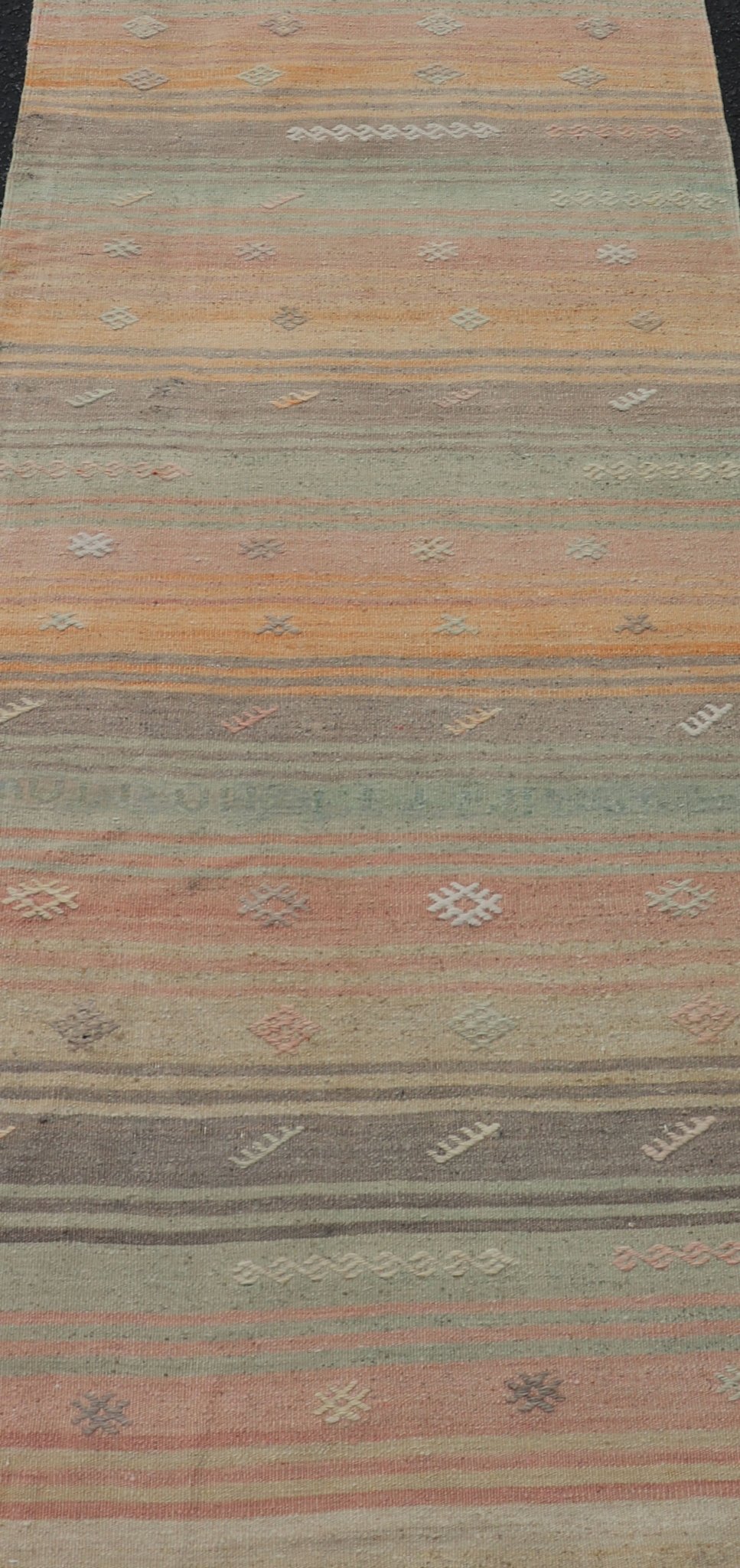 Vintage Turkish Kilim Runner with Stripes and Tribal Motifs in Multicolor Vintage Kilim Runner, rug EN - P13729 , country of origin / type: Turkey / Kilim, circa Mid - 20th Century. Measures: 2'5 x 10'5. - Keivan Woven ArtsEN - P13729 - 18461Rug