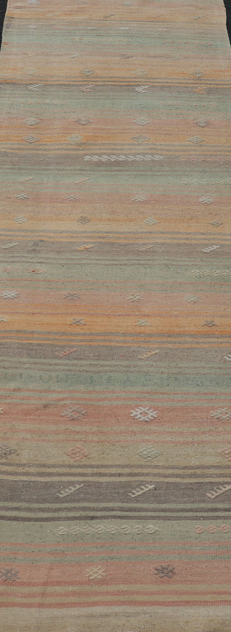 Vintage Turkish Kilim Runner with Stripes and Tribal Motifs in Multicolor Vintage Kilim Runner, rug EN - P13729 , country of origin / type: Turkey / Kilim, circa Mid - 20th Century. Measures: 2'5 x 10'5. - Keivan Woven ArtsEN - P13729 - 18461Rug