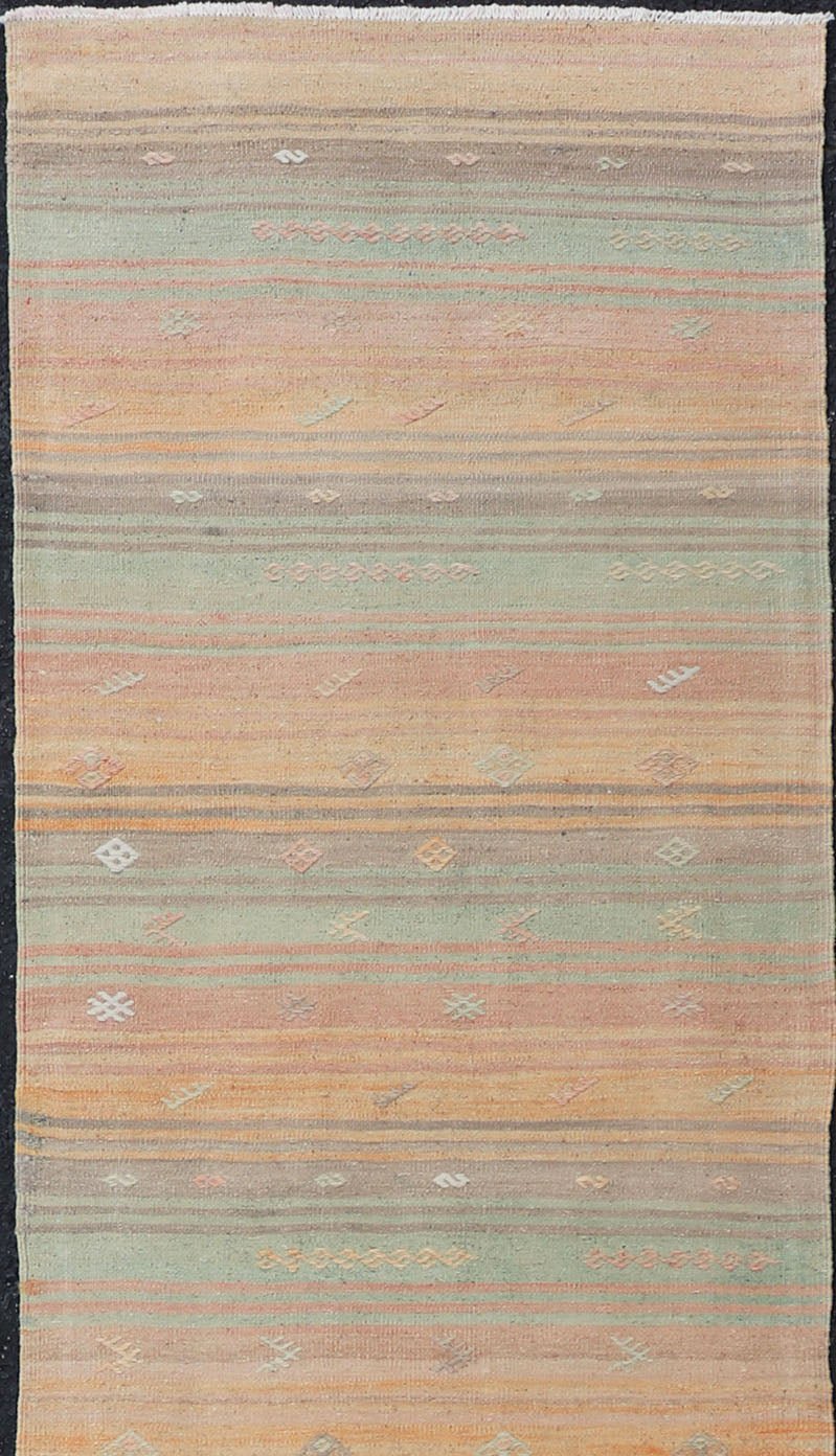 Vintage Turkish Kilim Runner with Stripes and Tribal Motifs in Multicolor Vintage Kilim Runner, rug EN - P13729 , country of origin / type: Turkey / Kilim, circa Mid - 20th Century. Measures: 2'5 x 10'5. - Keivan Woven ArtsEN - P13729 - 18461Rug