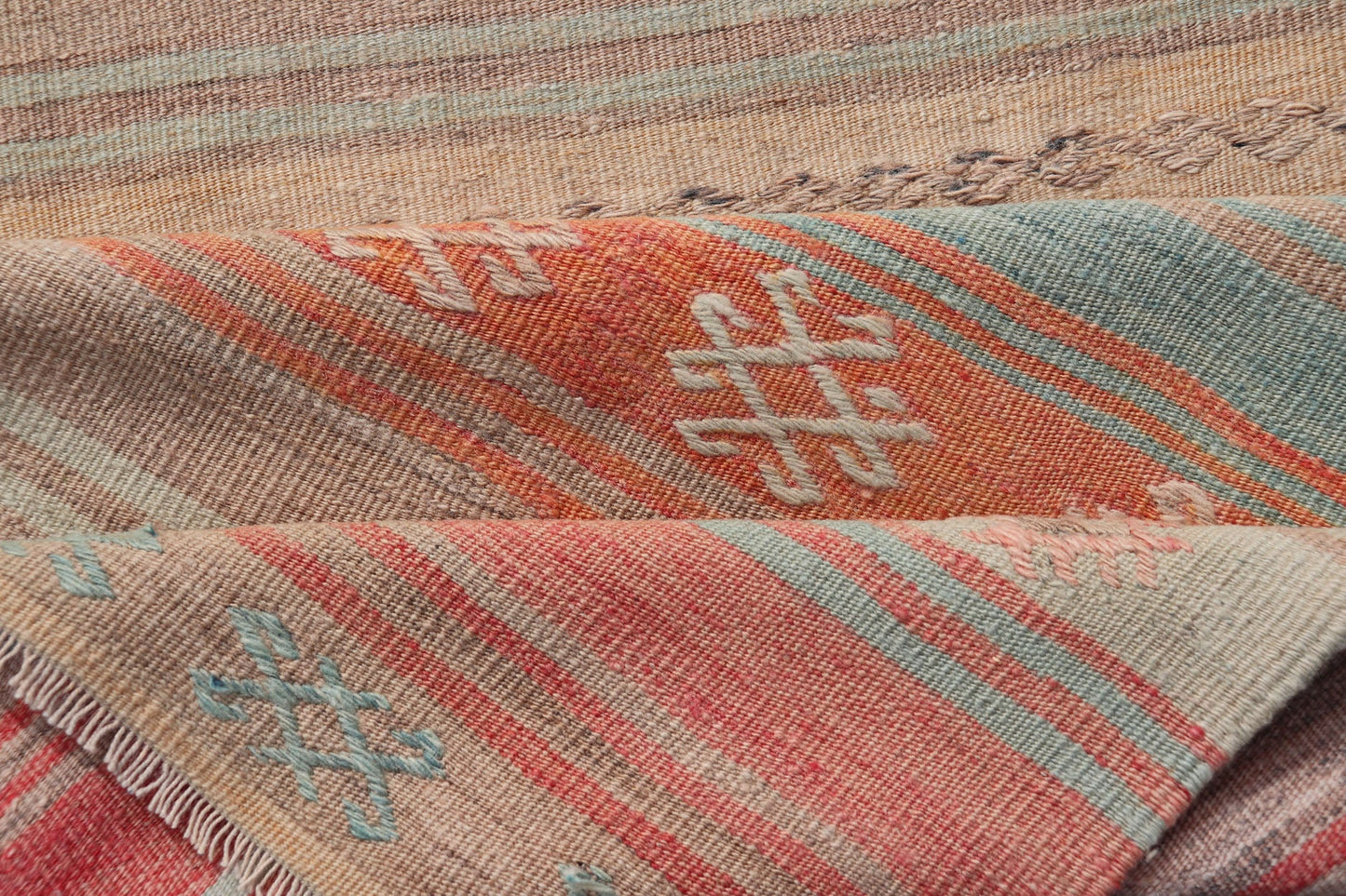 Vintage Turkish Kilim with Horizontal Stripes and Tribal Motifs in Bright Tones Hand Woven Vintage Turkish Kilim in colors with hand woven motifs with stripes, Keivan Woven Arts / rug EN - P13733, country of origin / type: Turkey / Kilim, circa M... - Keivan Woven ArtsEN - P13733 - 17952Rug