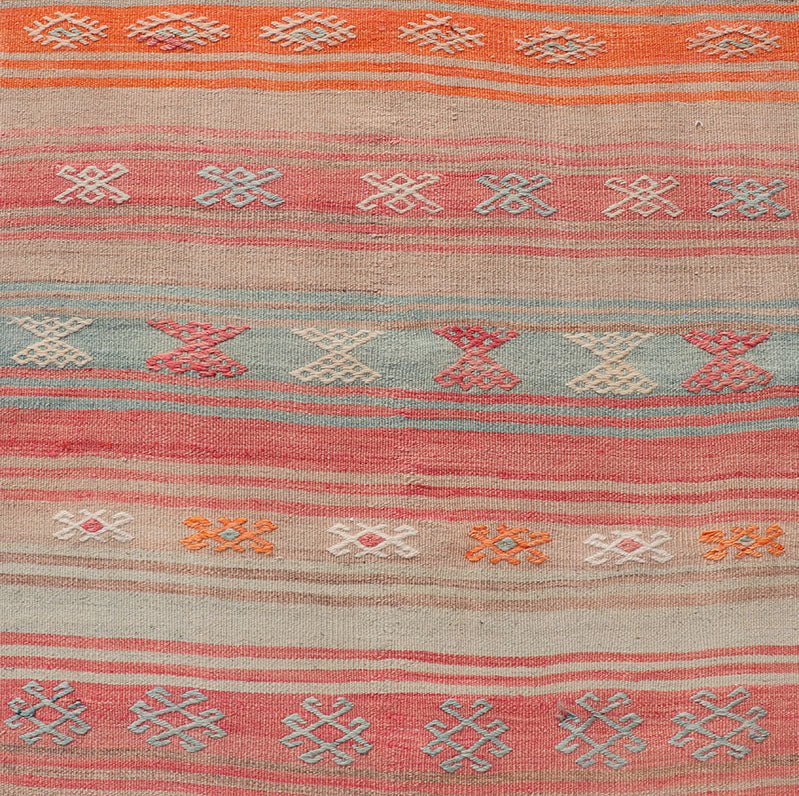 Vintage Turkish Kilim with Horizontal Stripes and Tribal Motifs in Bright Tones Hand Woven Vintage Turkish Kilim in colors with hand woven motifs with stripes, Keivan Woven Arts / rug EN - P13733, country of origin / type: Turkey / Kilim, circa M... - Keivan Woven ArtsEN - P13733 - 17952Rug
