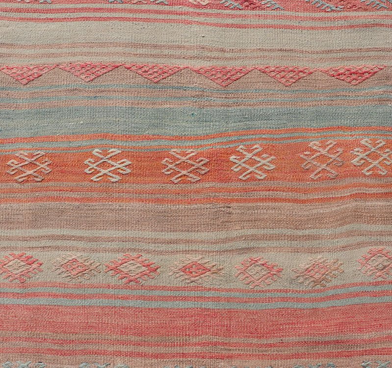 Vintage Turkish Kilim with Horizontal Stripes and Tribal Motifs in Bright Tones Hand Woven Vintage Turkish Kilim in colors with hand woven motifs with stripes, Keivan Woven Arts / rug EN - P13733, country of origin / type: Turkey / Kilim, circa M... - Keivan Woven ArtsEN - P13733 - 17952Rug