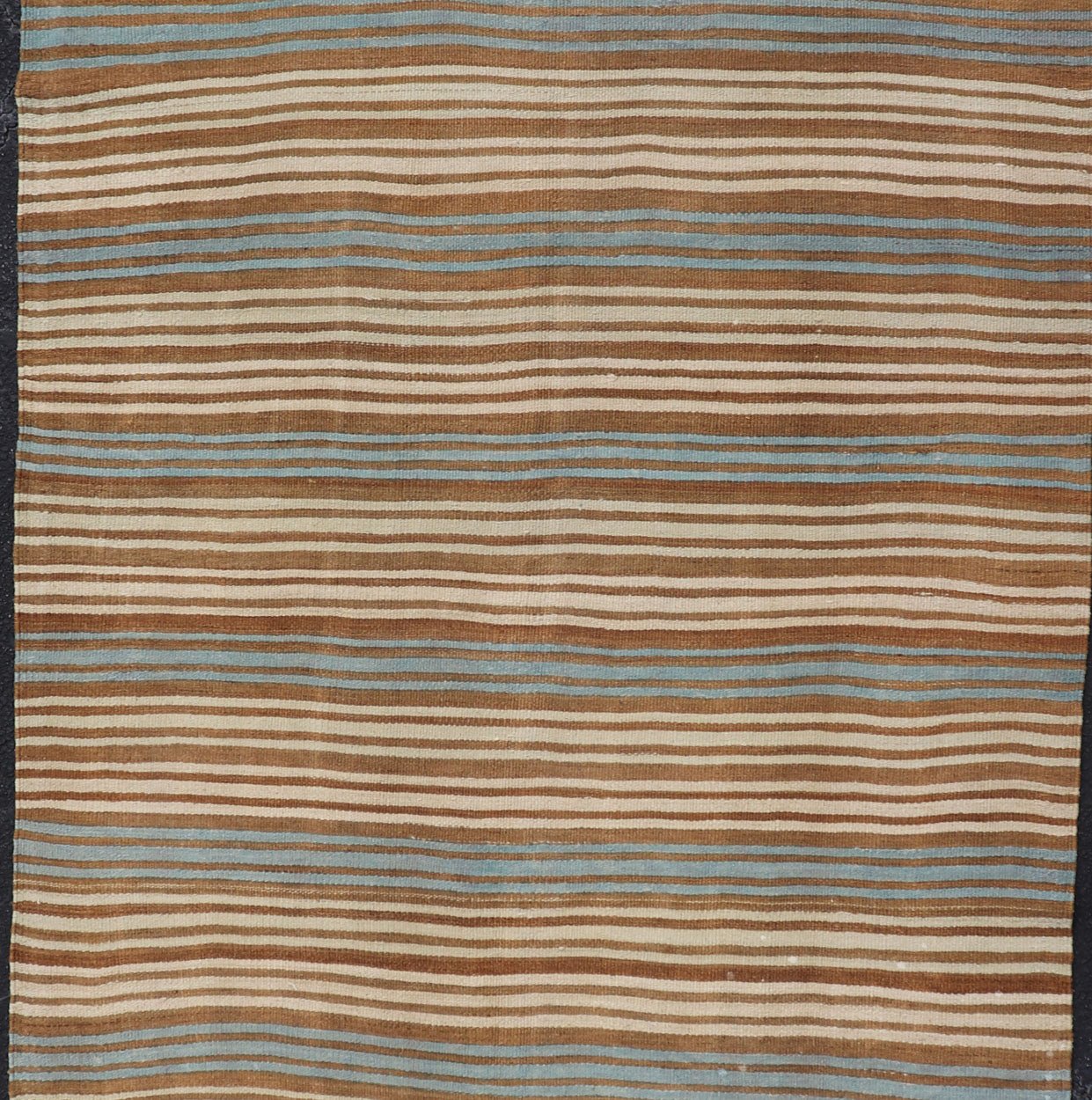 Vintage Hand Woven Turkish Kilim with Stripes in Brown, Cream and Light Blue Vintage Turkish Kilim Hand Woven with stripes with brown, blue and cream. Keivan Woven Arts / rug EN - P13763, country of origin / type: Turkey / Kilim, circa Mid - 20th Ce... - Keivan Woven ArtsEN - P13763 - 17958Rug