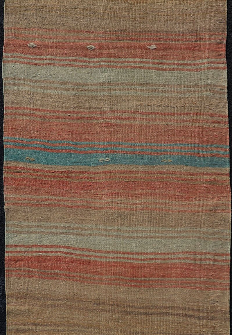 Vintage Turkish Kilim Runner with Stripes in Orange, Taupe, Tan, Cream & Blue Vintage Turkish Kilim Runner with multi color with stripes. rug Keivan Woven Arts / EN - P13773, country of origin / type: Turkey / Kilim, circa Mid - 20th Century. ... - Keivan Woven ArtsEN - P13773 - 17964Rug